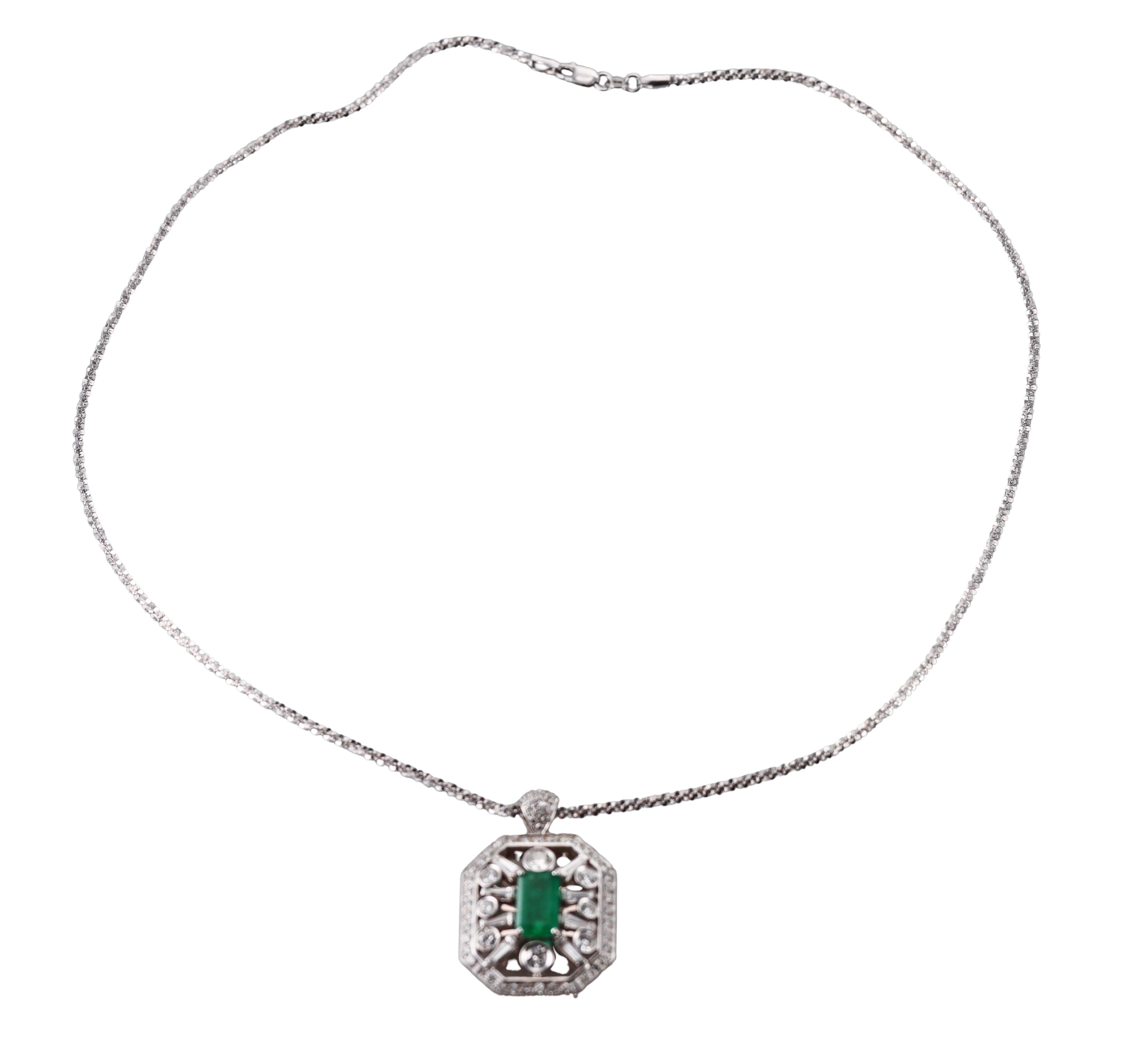 Emerald Diamond White Gold Pendant Necklace For Sale 3