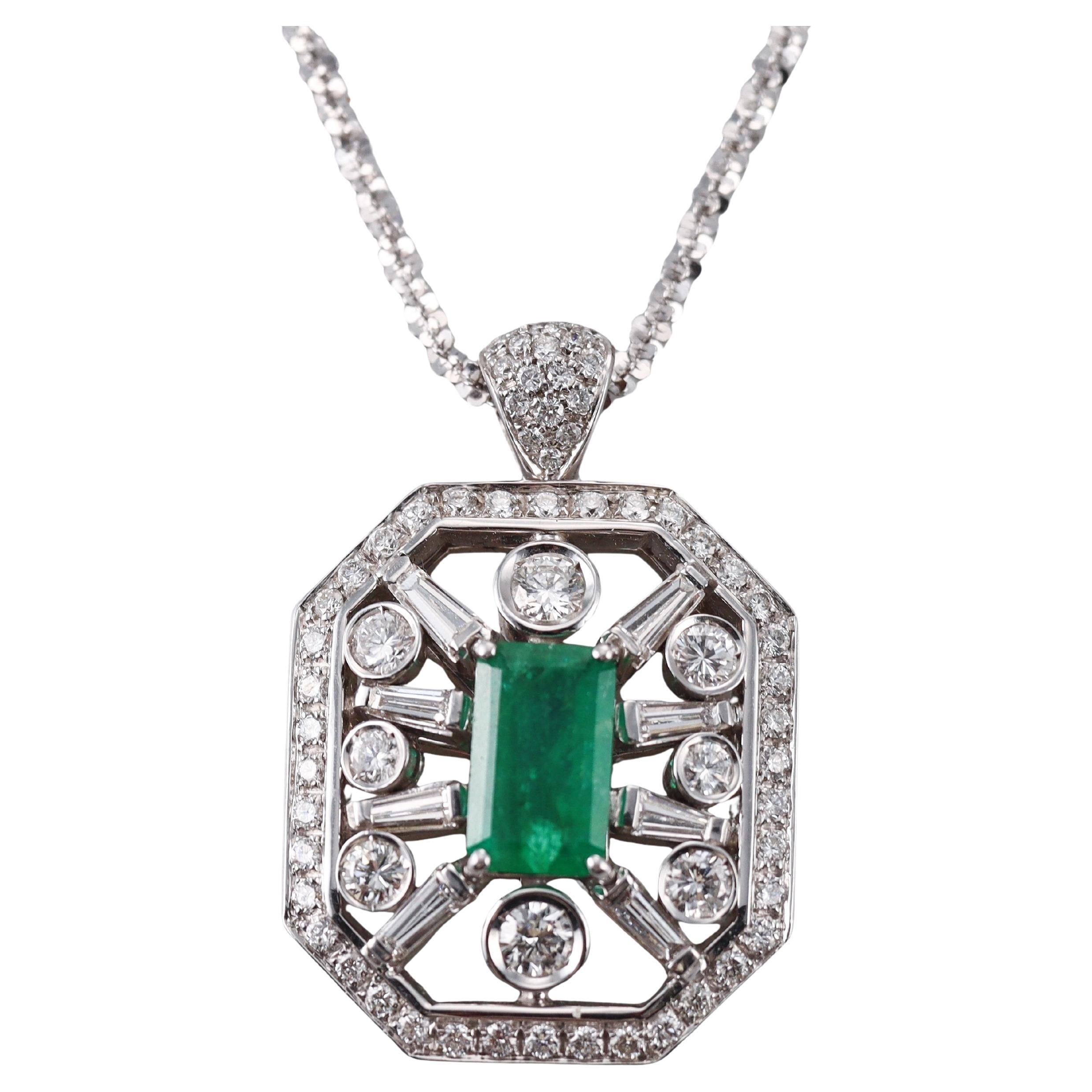 Emerald Diamond White Gold Pendant Necklace