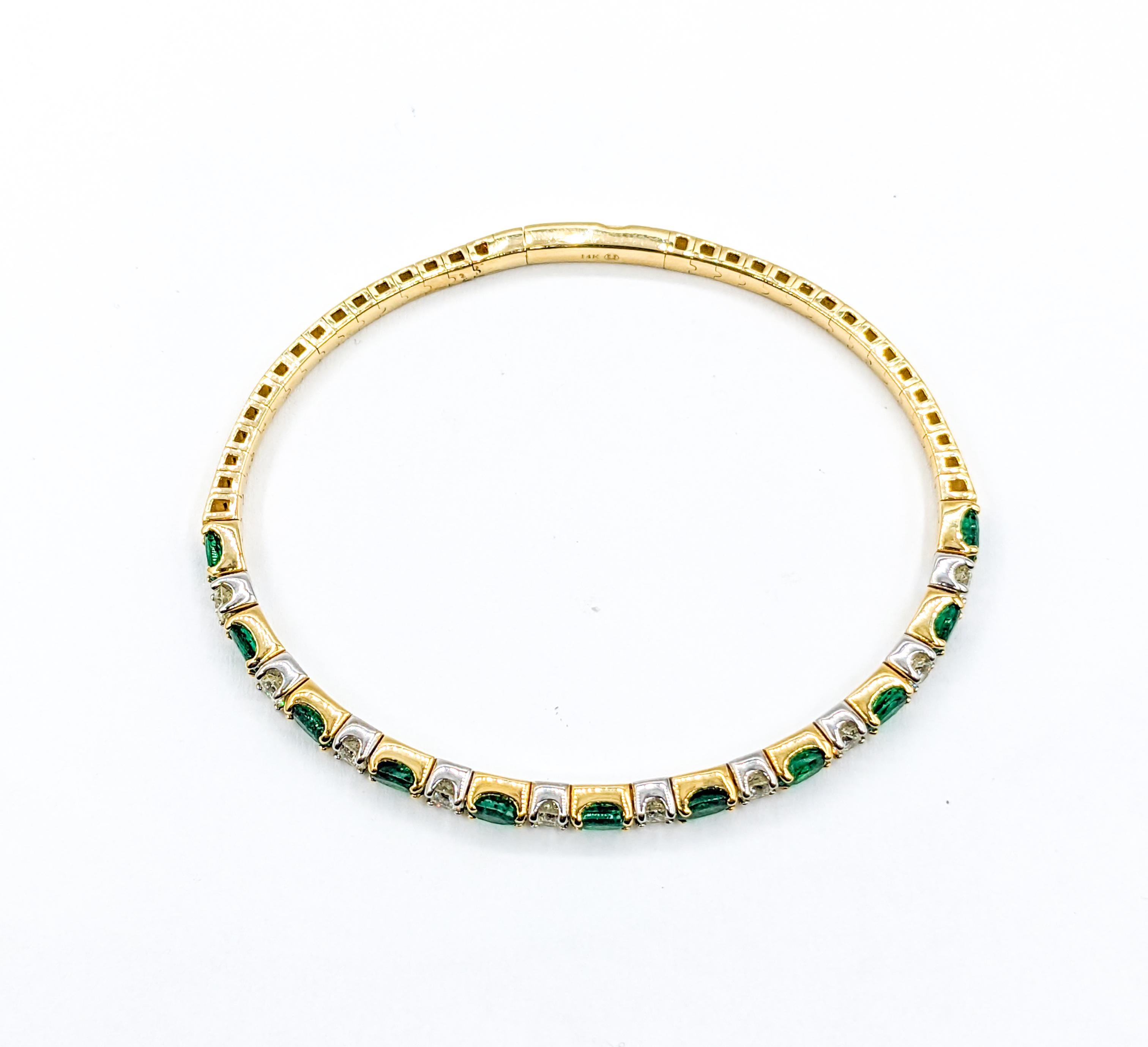 Oval Cut Emerald & Diamond Yellow Gold Bangle Flex Bracelet For Sale