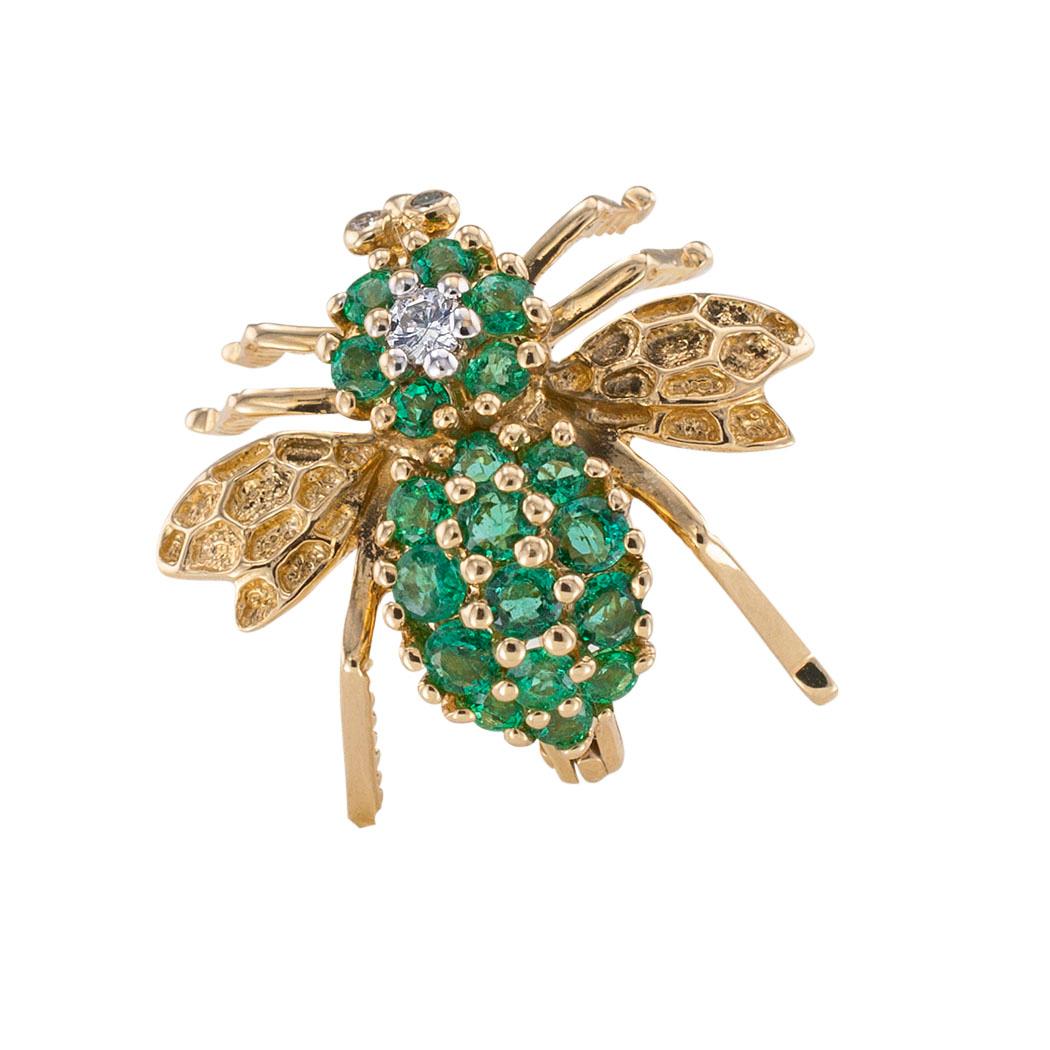 Emerald Diamond Yellow Gold Bee Brooch Pendant In Good Condition In Los Angeles, CA