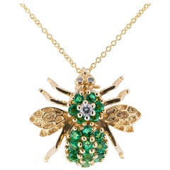 Emerald Diamond Yellow Gold Bee Brooch Pendant