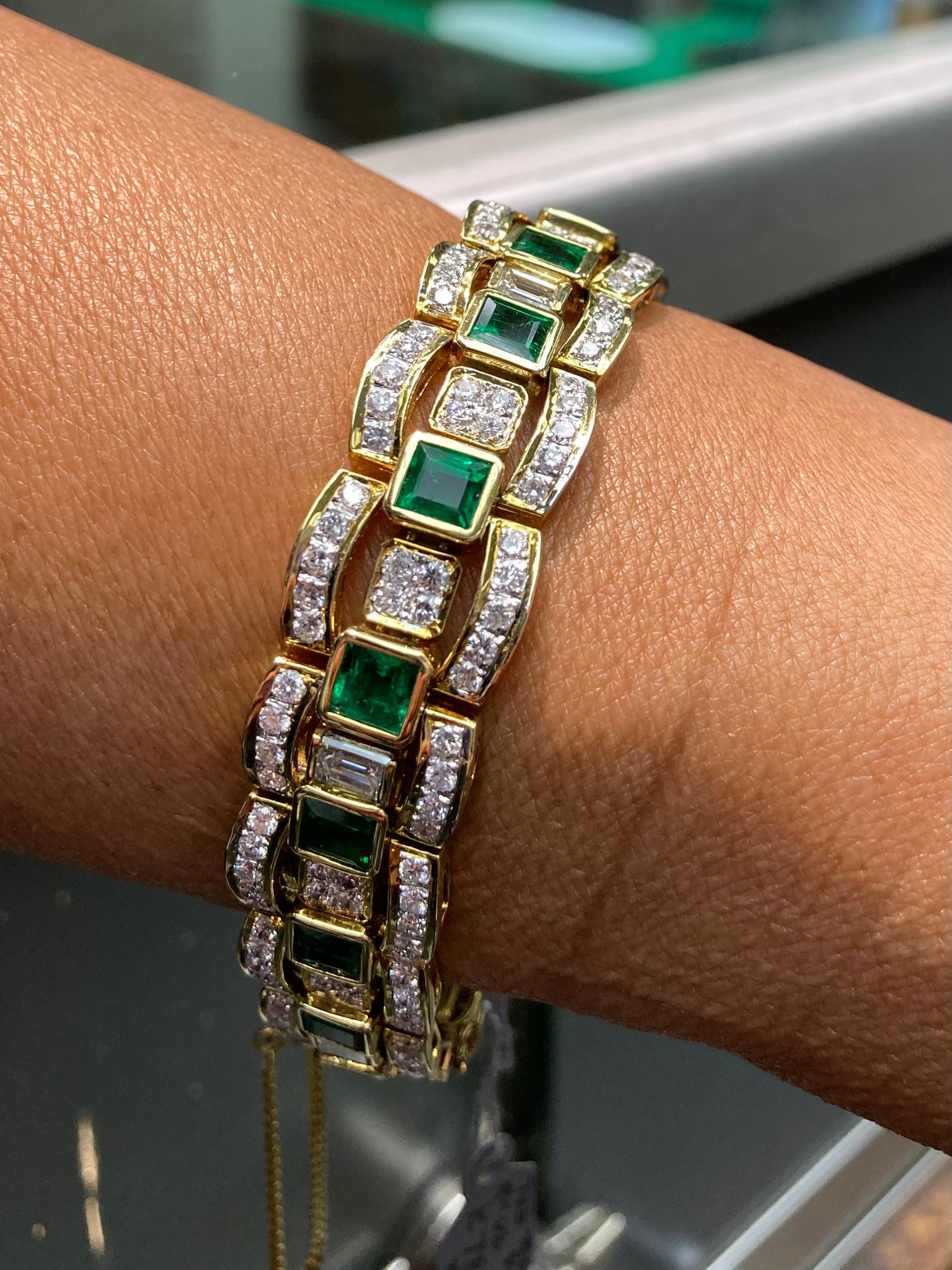 Square Cut Emerald Diamond Yellow Gold Bracelet