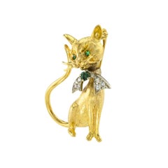 Emerald Diamond Yellow Gold Cat Brooch