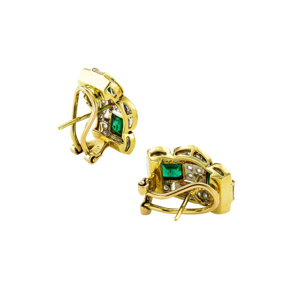 Emerald diamond and yellow gold clip-on earrings circa 1970.  

SPECIFICATIONS:

A matching bracelet #B1877, visible in the photographs, is offered separately.

DIAMONDS:  forty-two baguette and round brilliant-cut diamonds totaling approximately