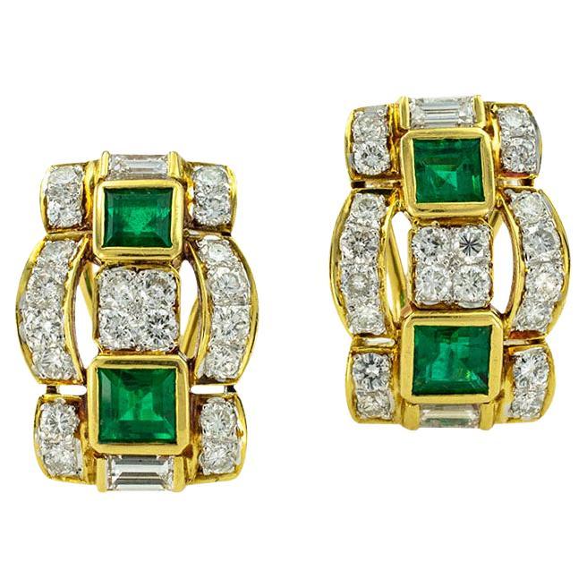 Emerald Diamond Yellow Gold Clip on Earrings