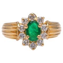 Vintage Emerald Diamond Yellow Gold Cluster Ring