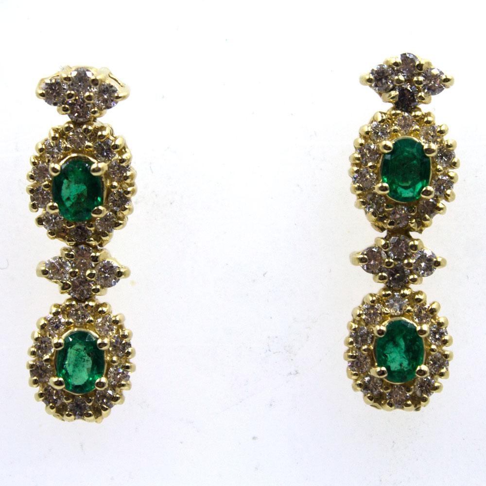 Oval Cut Emerald Diamond Yellow Gold Drop Earrings