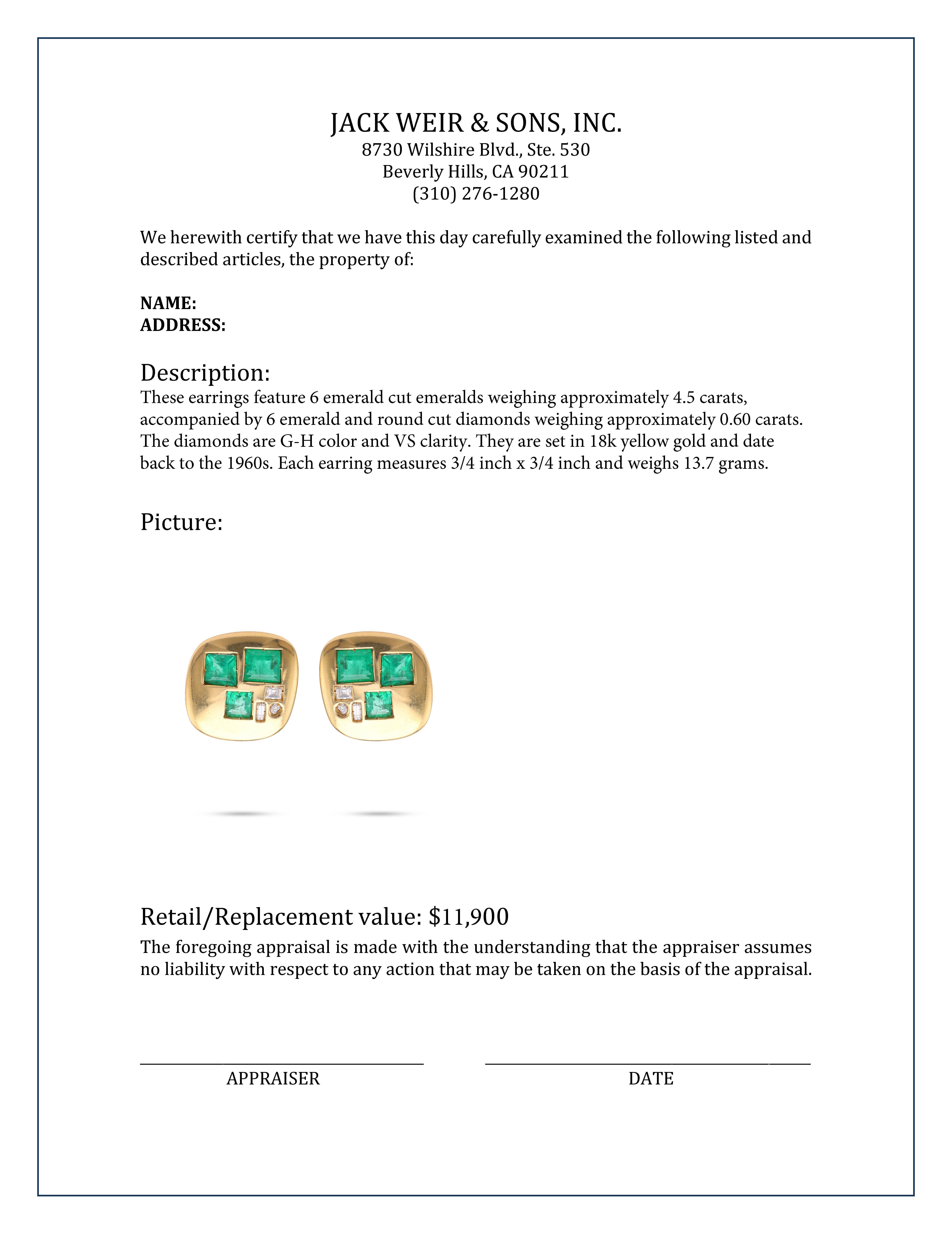 Women's or Men's Emerald Diamond Yellow Gold Earrings For Sale