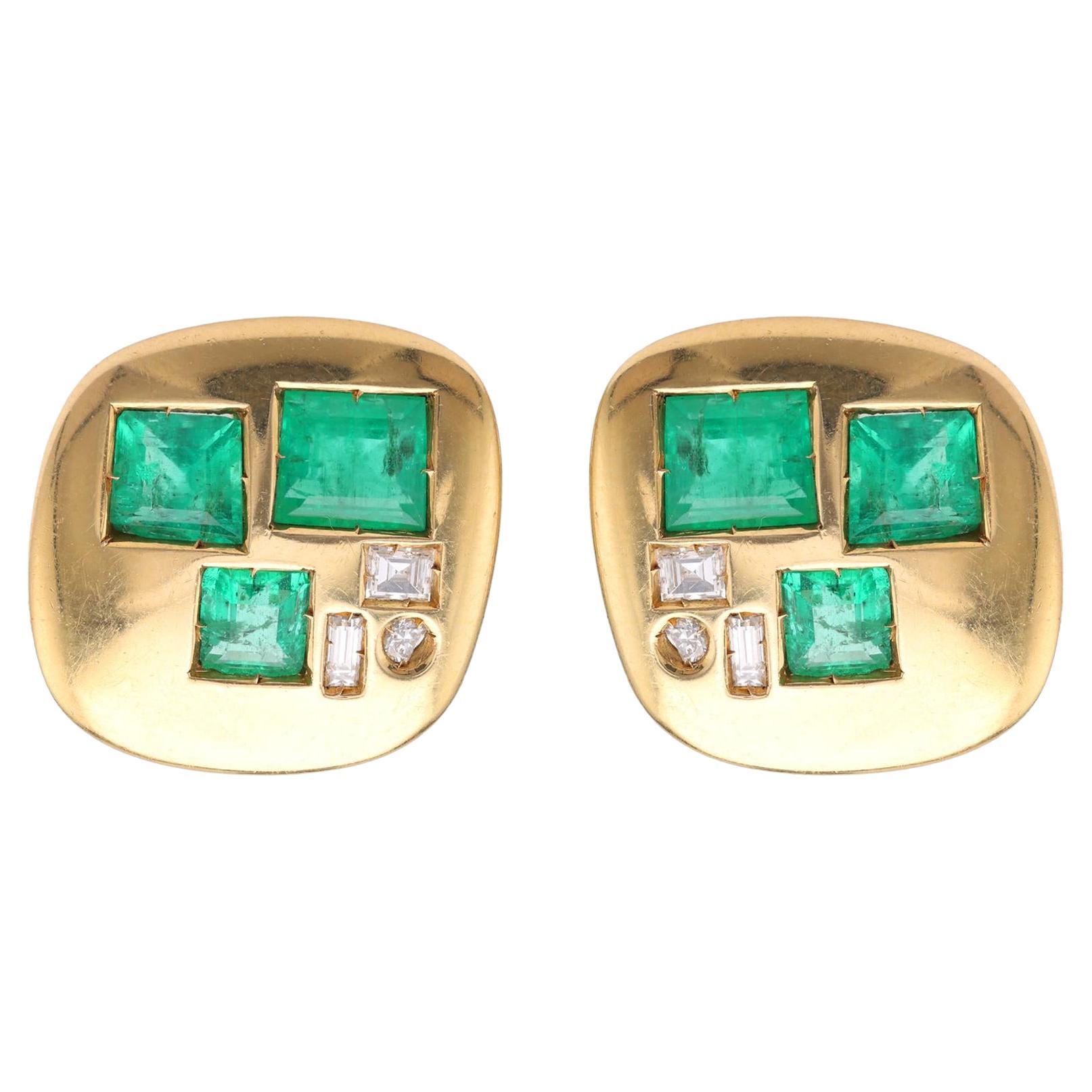 Emerald Diamond Yellow Gold Earrings For Sale