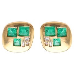 Retro Emerald Diamond Yellow Gold Earrings