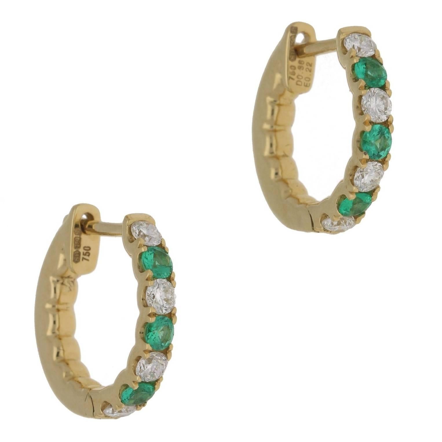 Emerald & Diamond Yellow Gold Hoop Earrings