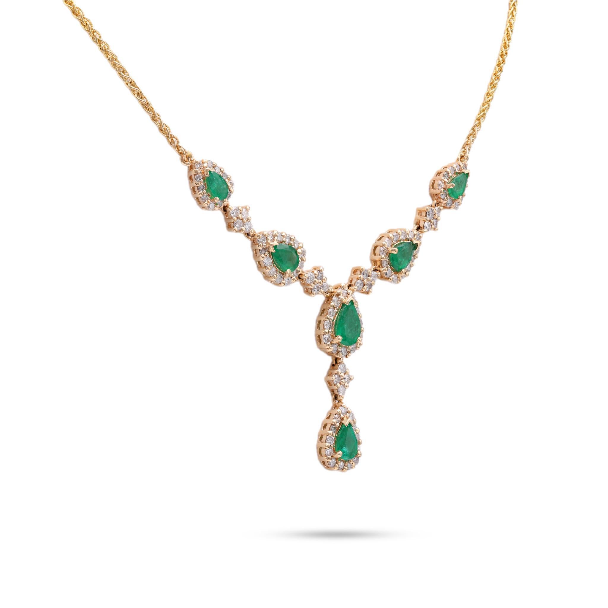 Smaragd-Diamant-Gelbgold-Lariat-Halskette (Tropfenschliff)