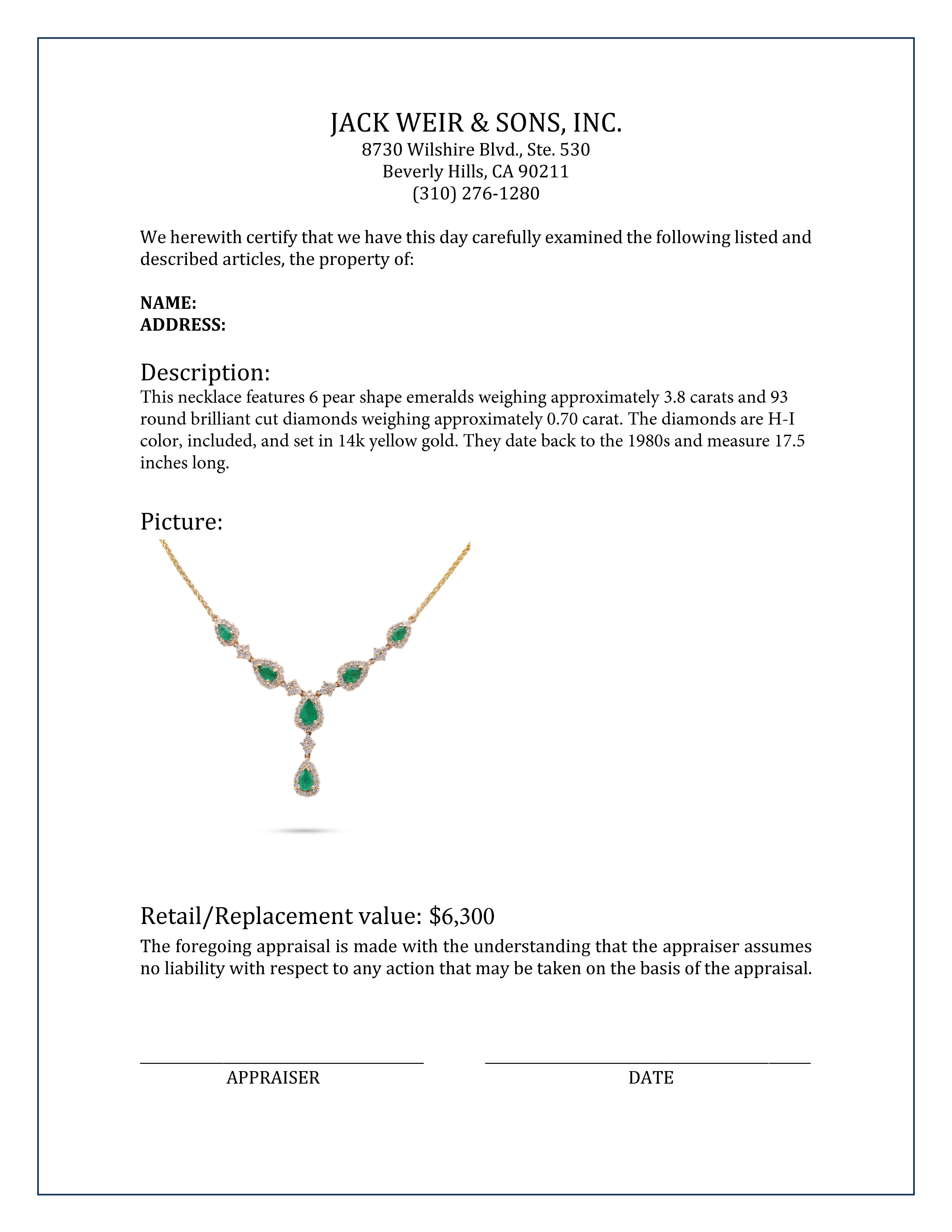 Women's or Men's Emerald Diamond Yellow Gold Lariat Necklace