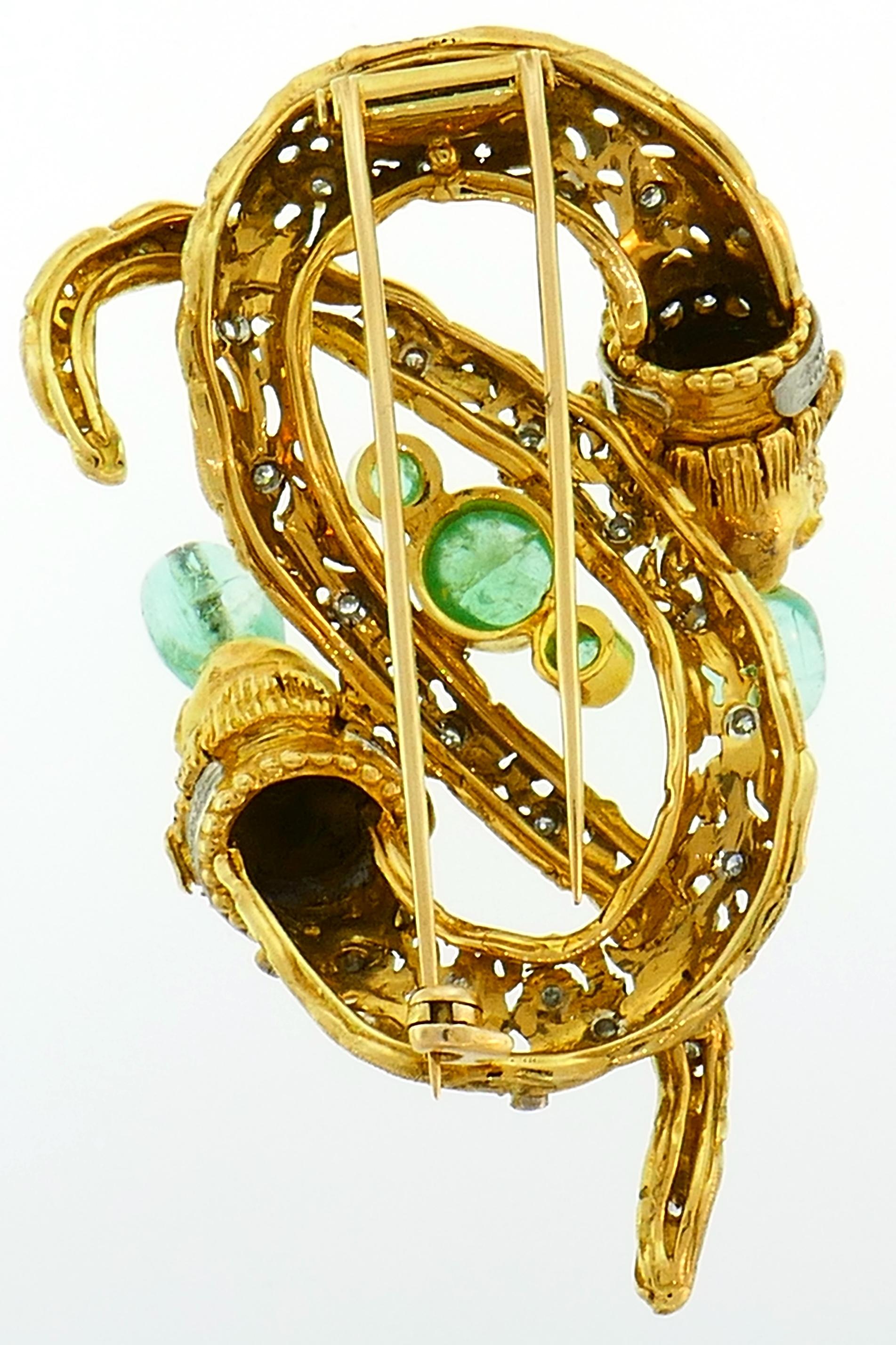 Emerald Diamond Yellow Gold Pin Brooch Clip, 1970s 1