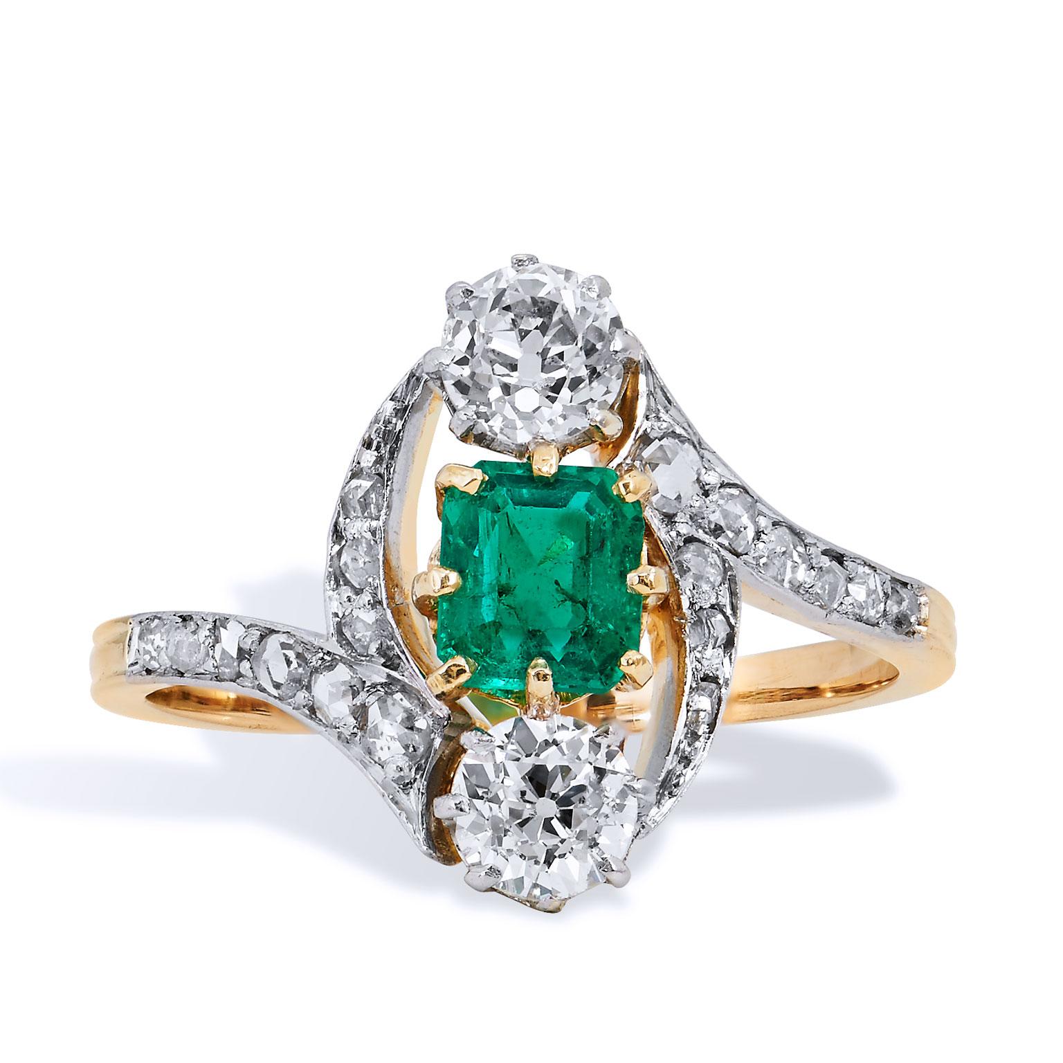 Art Deco Estate Emerald Diamond 3 Stone with Pave Gold Platinum Bypass Ring In Excellent Condition In Miami, FL