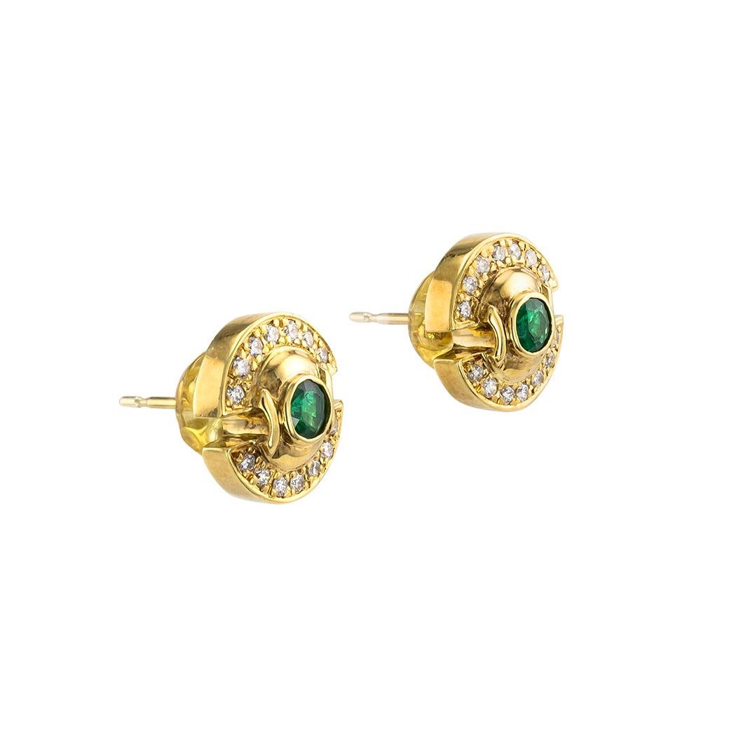 Estate emerald diamond and yellow gold stud earrings circa 1990.  Clear and concise information you want to know is listed below.  Contact us right away if you have additional questions.  We are here to connect you with beautiful and affordable