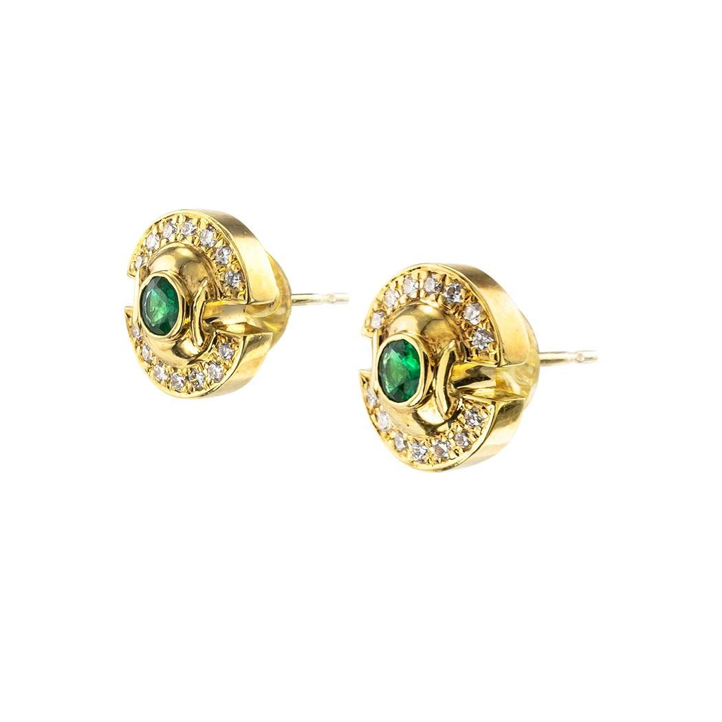 Contemporary Emerald Diamond Yellow Gold Stud Earrings