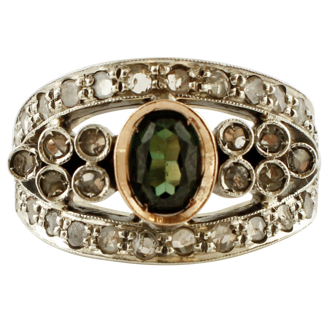 Retro-Ring aus 14 Karat Roségold mit Smaragd, Diamanten und Silber