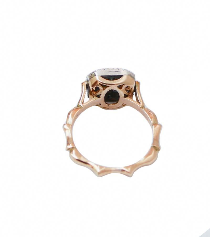 Retro Emerald, Diamonds, 14 Karat Rose Gold and Silver Ring. For Sale
