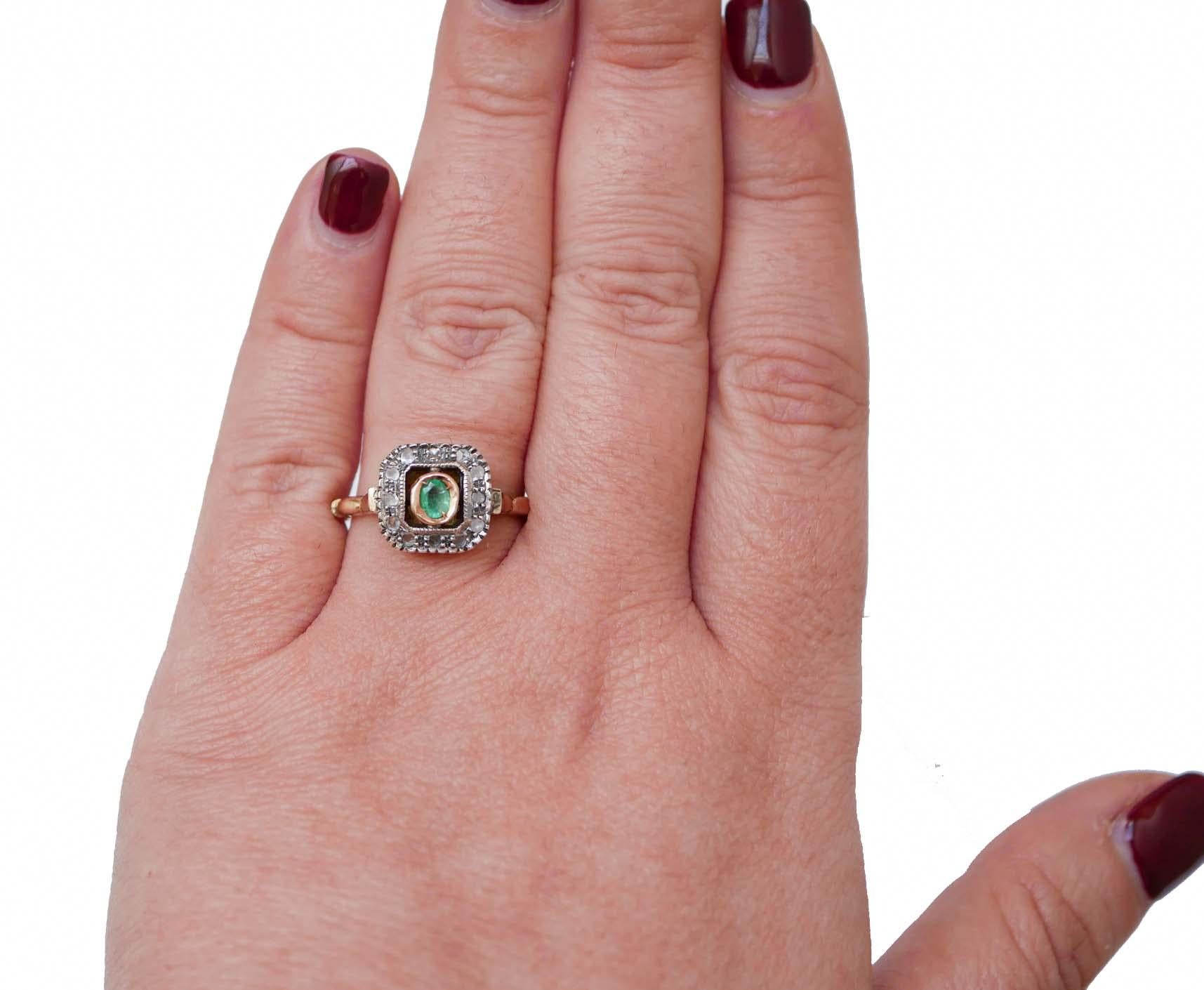 Mixed Cut Emerald, Diamonds, 14 Karat Rose Gold and Silver Ring. For Sale
