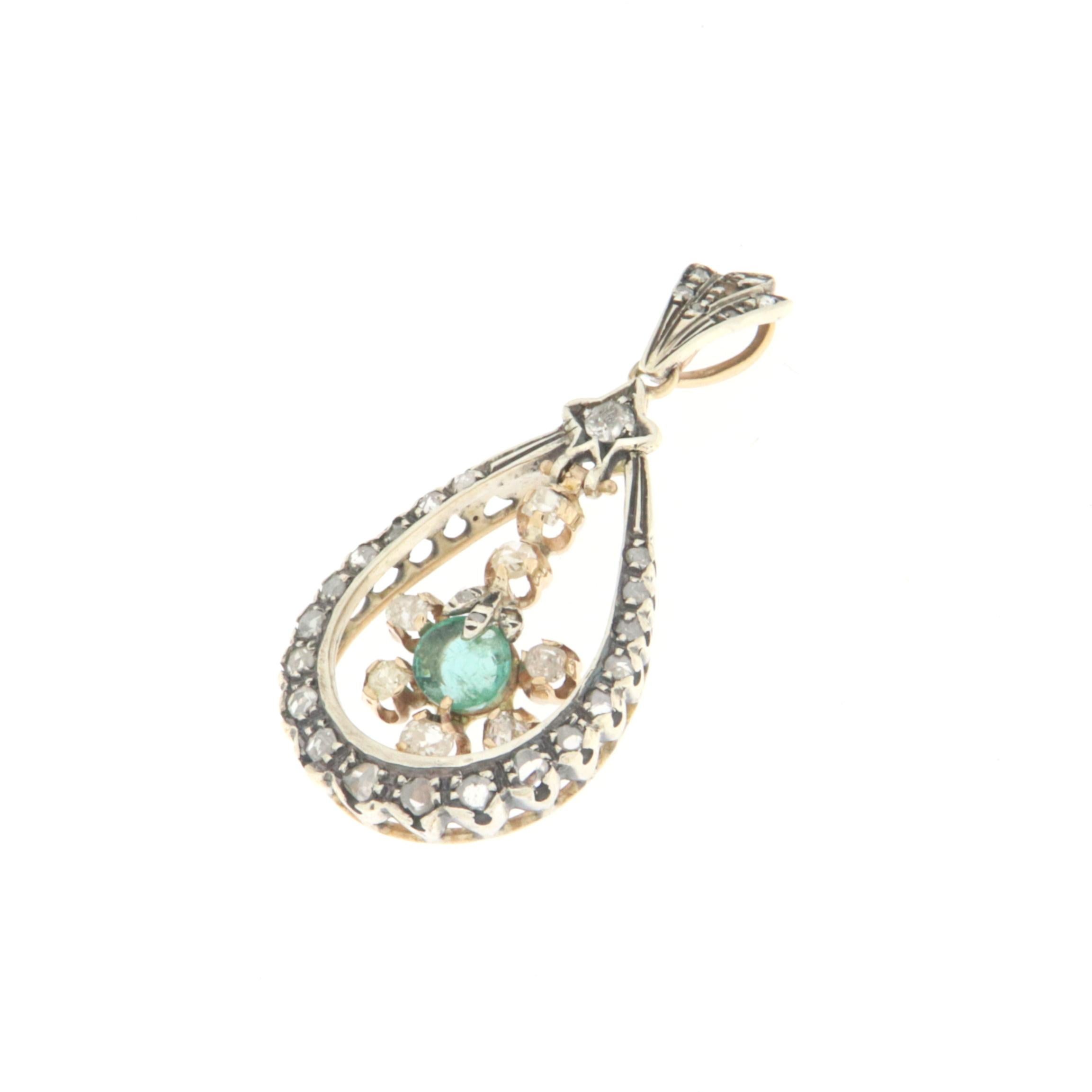 Artisan Emerald Diamonds 14 Karat Yellow Gold Pendant Necklace For Sale