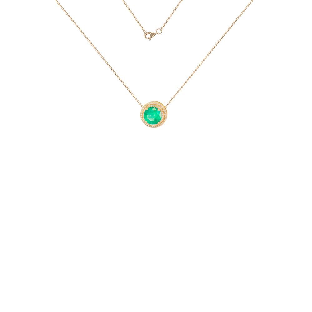 Modern Emerald, Diamonds, 14 Karat Yellow Gold, Round Shape Emerald Pendant necklace For Sale