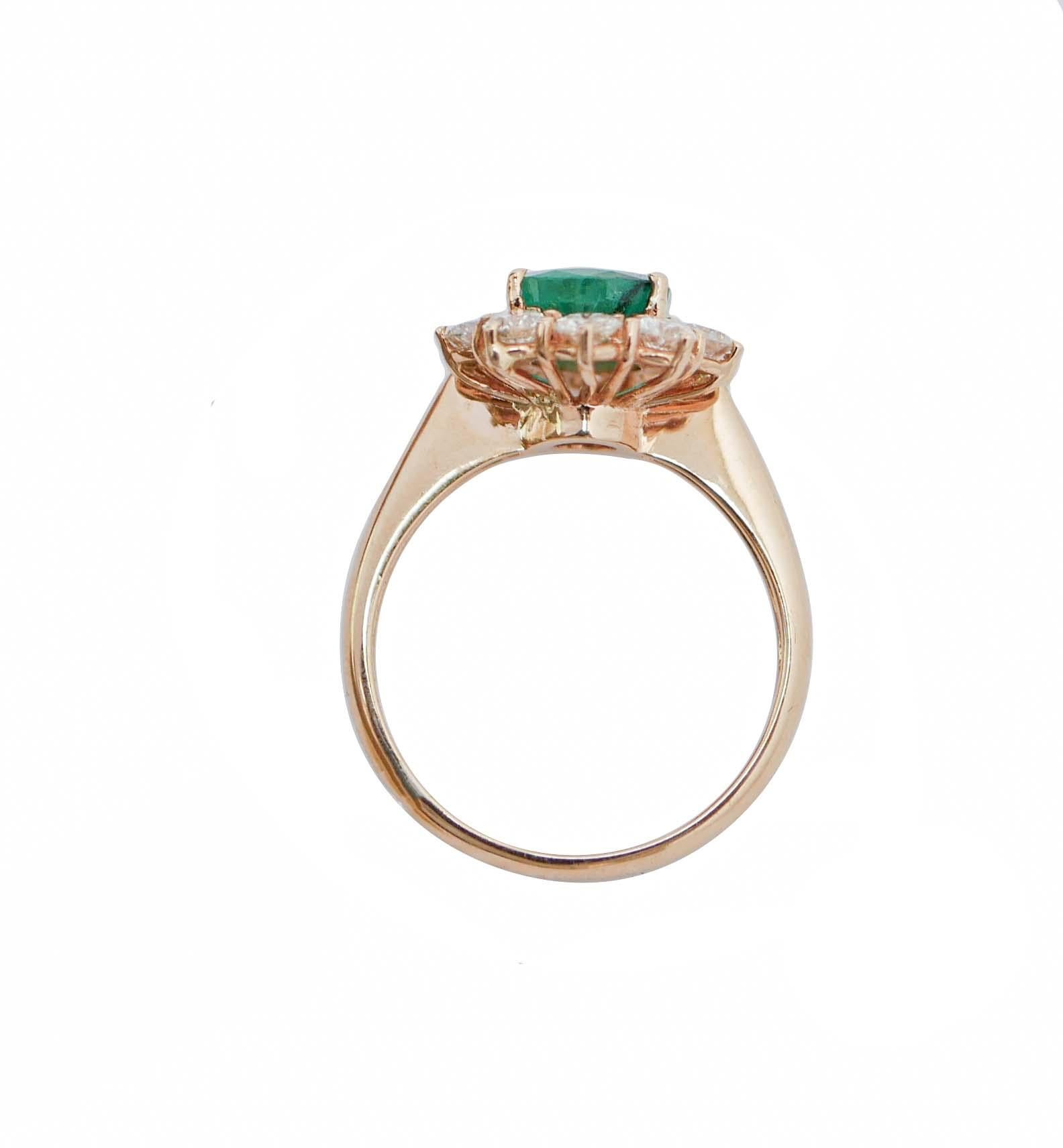 Modern Emerald, Diamonds, 18 Karat Rose Gold Ring. For Sale