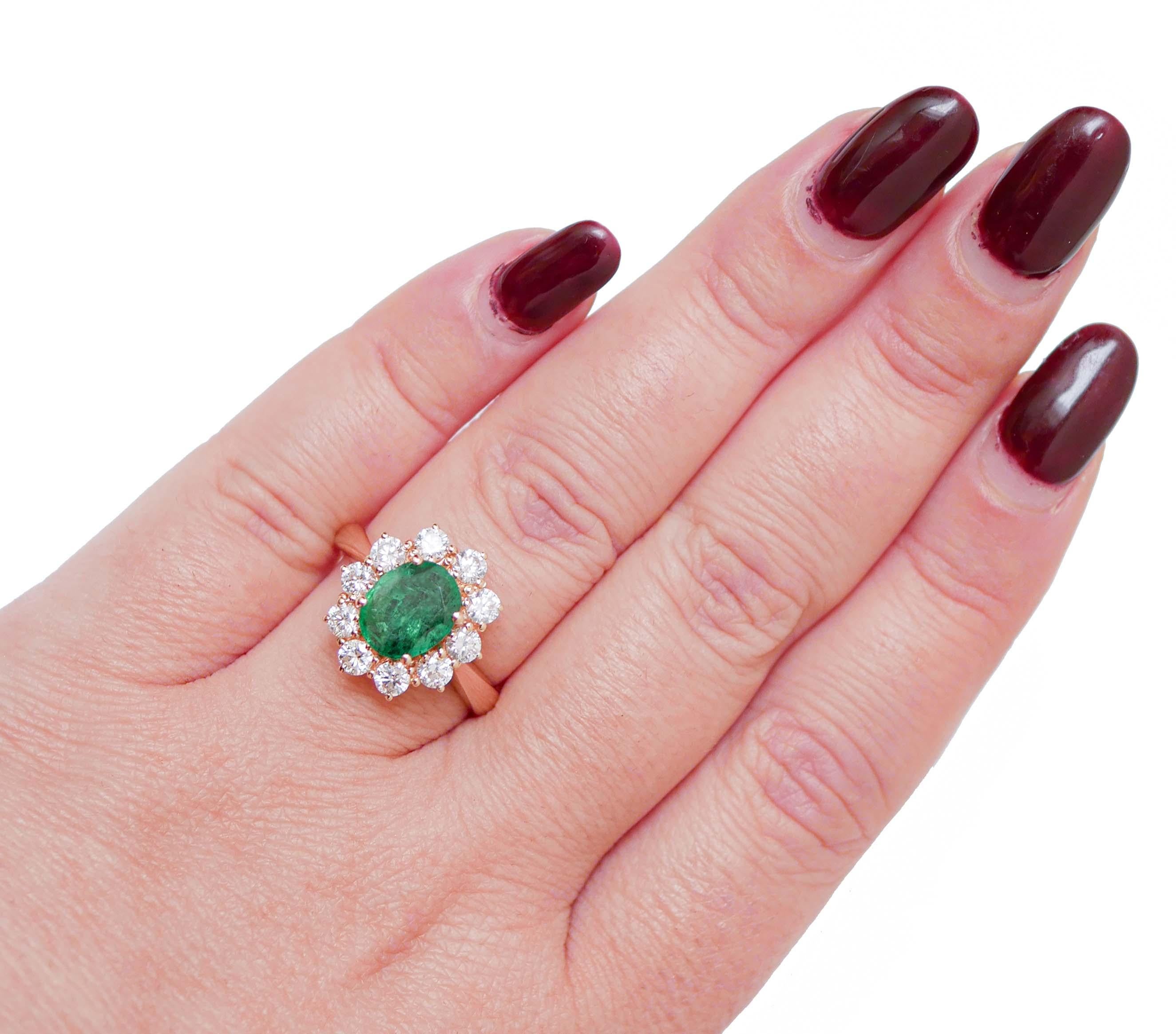 Mixed Cut Emerald, Diamonds, 18 Karat Rose Gold Ring. For Sale