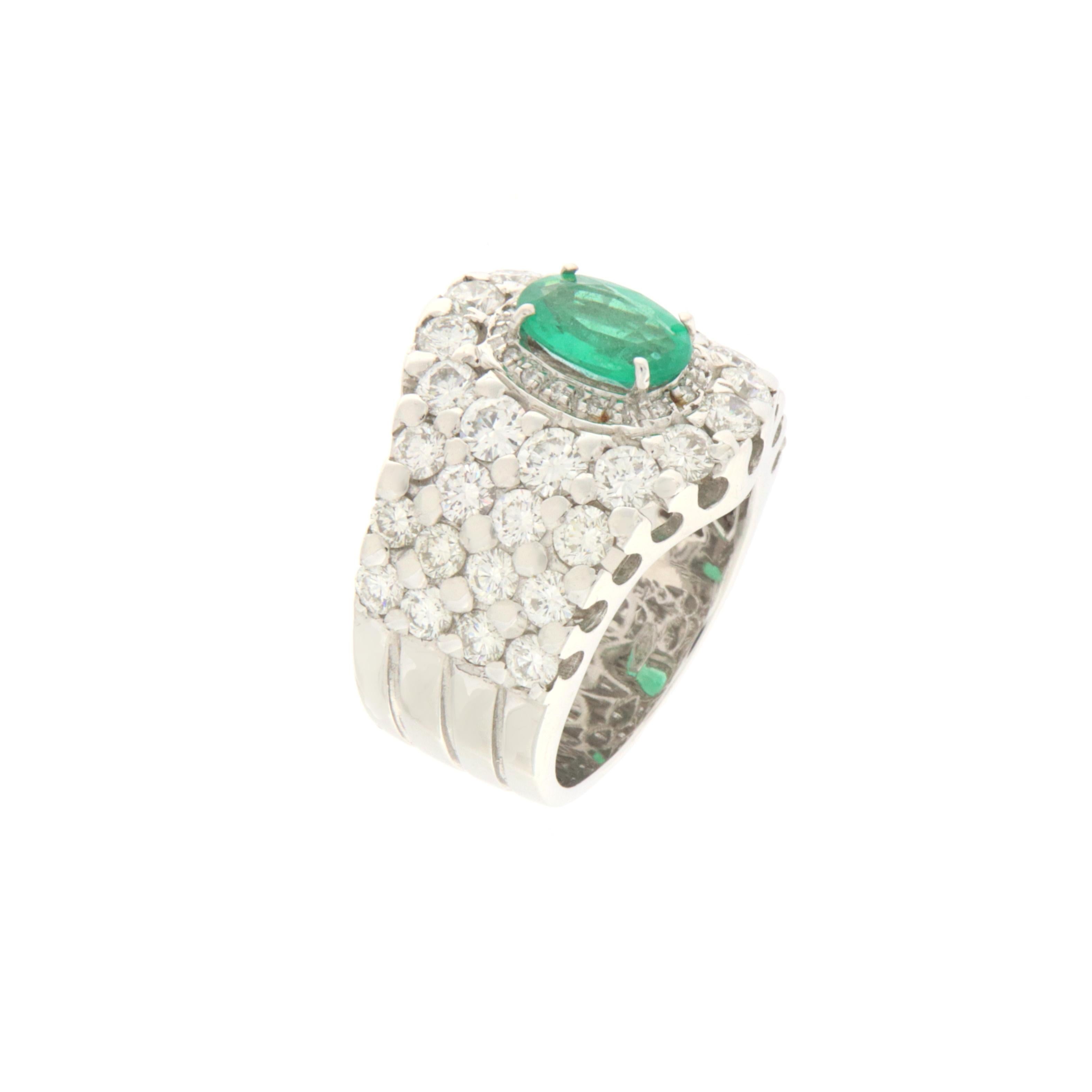 Artisan Emerald Diamonds 18 Karat White Gold Cocktail Ring For Sale