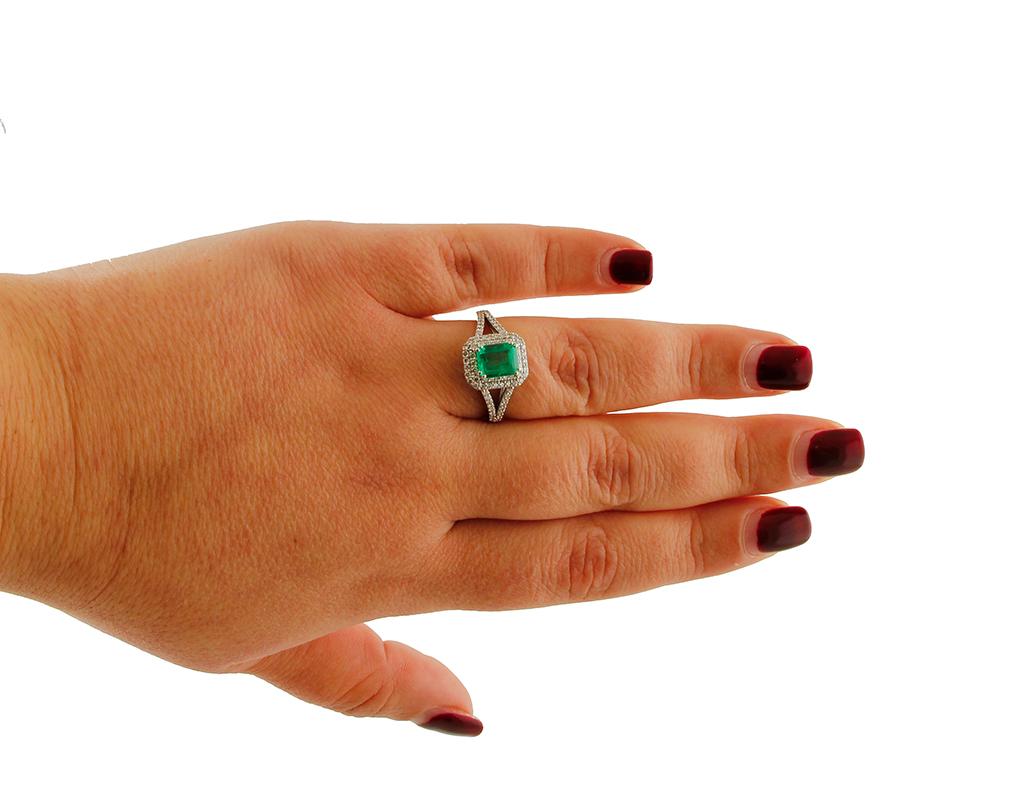 Women's Emerald, Diamonds, 18 Karat White Gold Engagement Ring