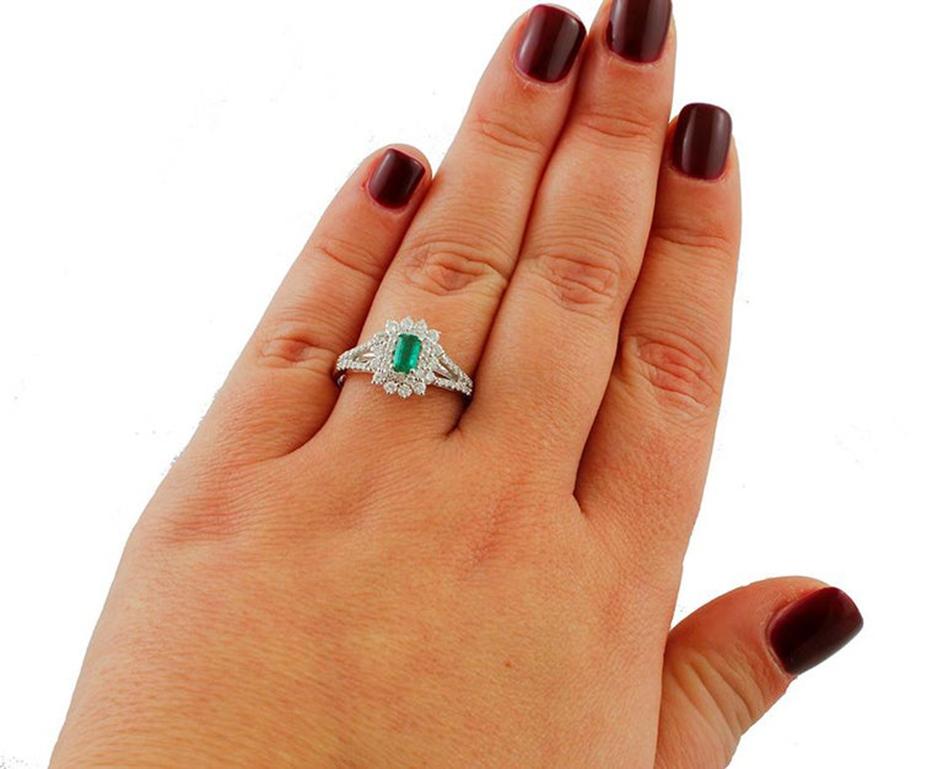 Women's Emerald, Diamonds, 18 Karat White Gold Engagement Ring