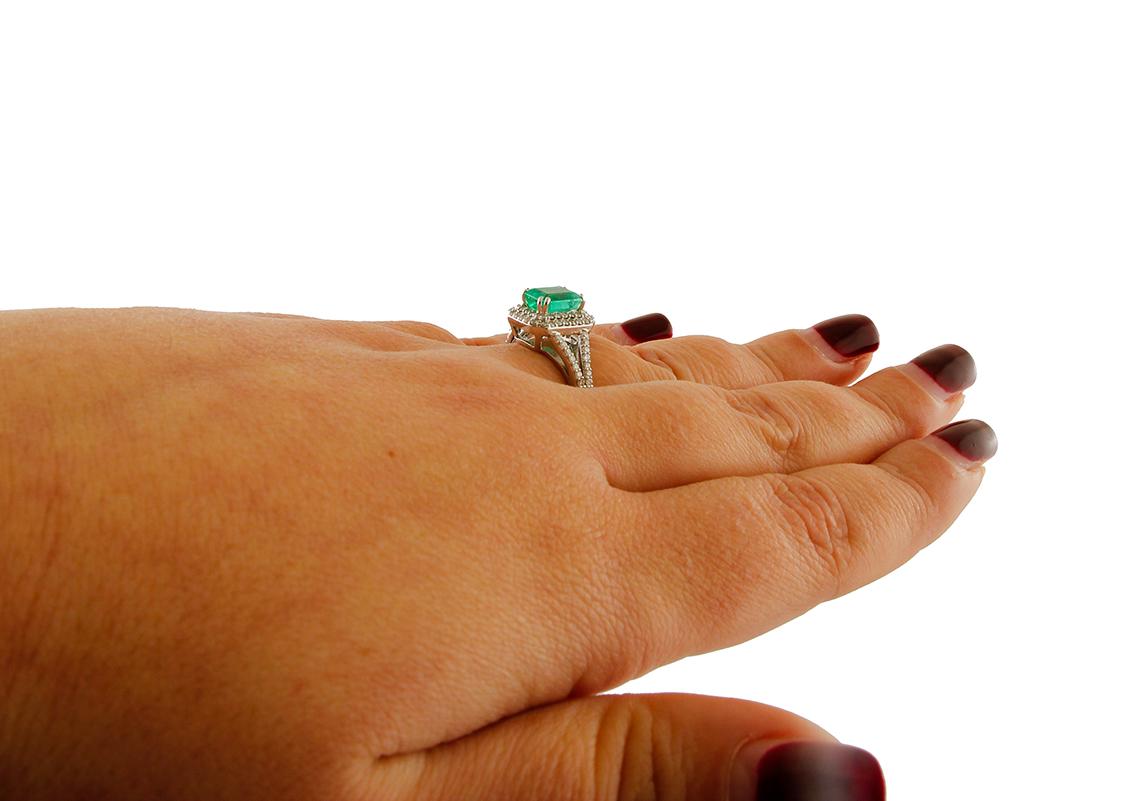 Emerald, Diamonds, 18 Karat White Gold Engagement Ring 1