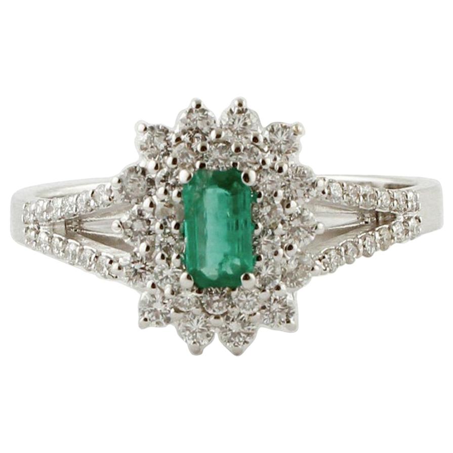 Diamonds, Emerald, 18 Karat White Gold Engagement Ring For Sale at