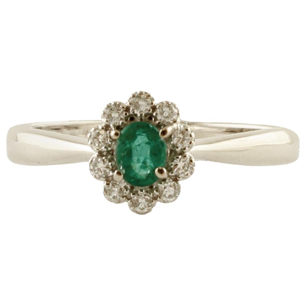Emerald, Diamonds, 18 Karat White Gold Flower Ring