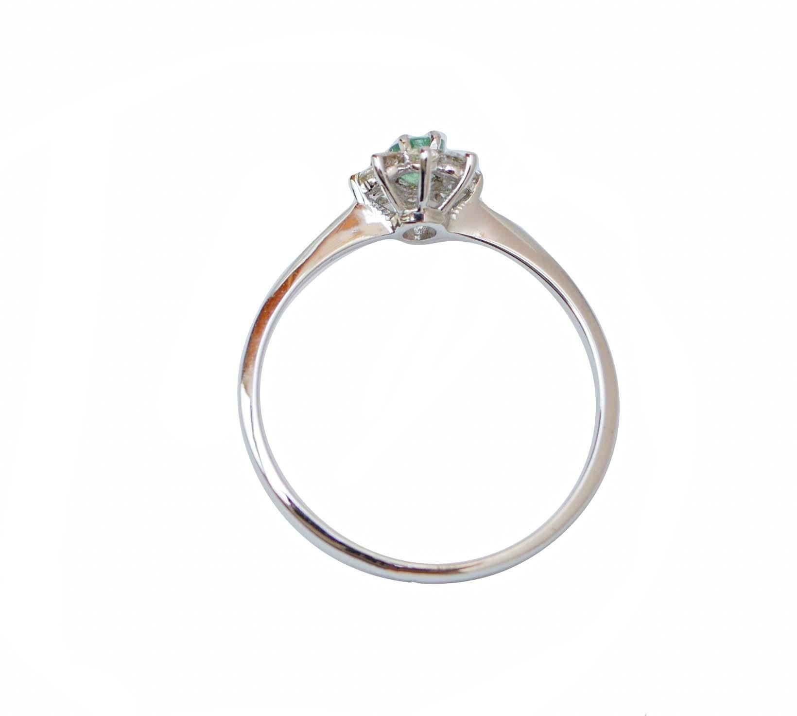 Mixed Cut Emerald, Diamonds, 18 Karat White Gold Modern Ring. For Sale