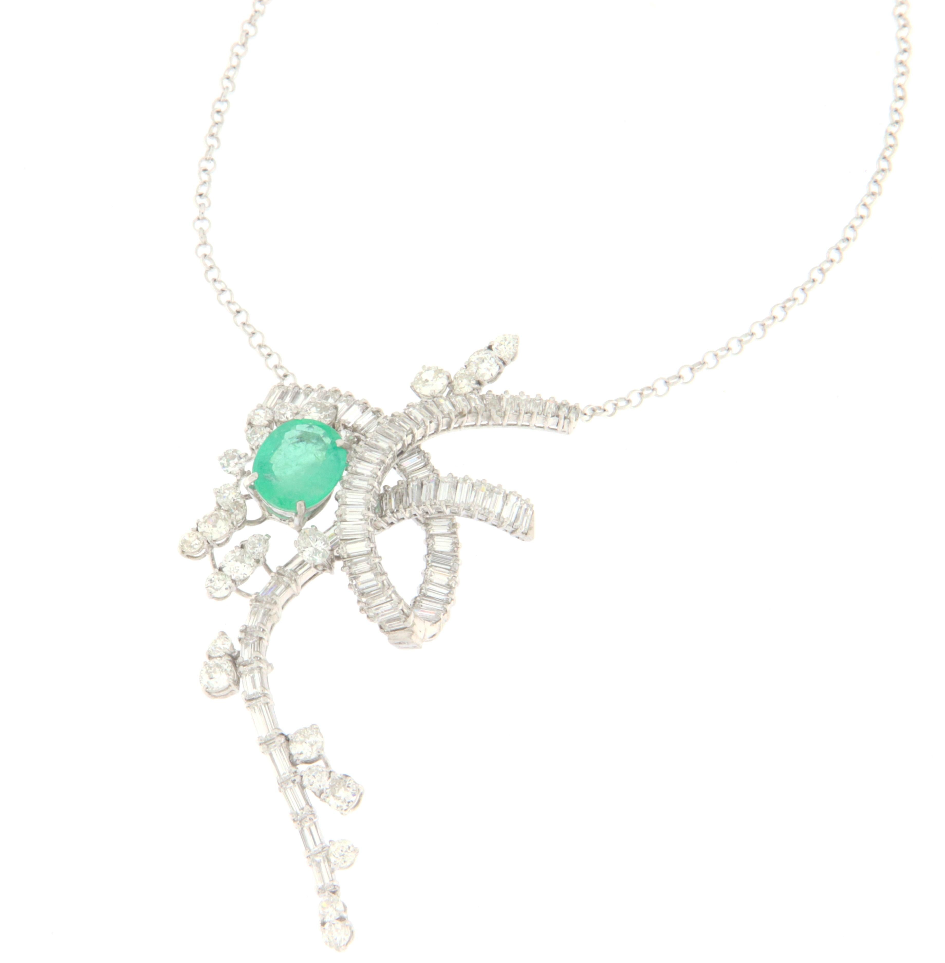 Artisan Emerald Diamonds 18 Karat White Gold Pendant Necklace For Sale