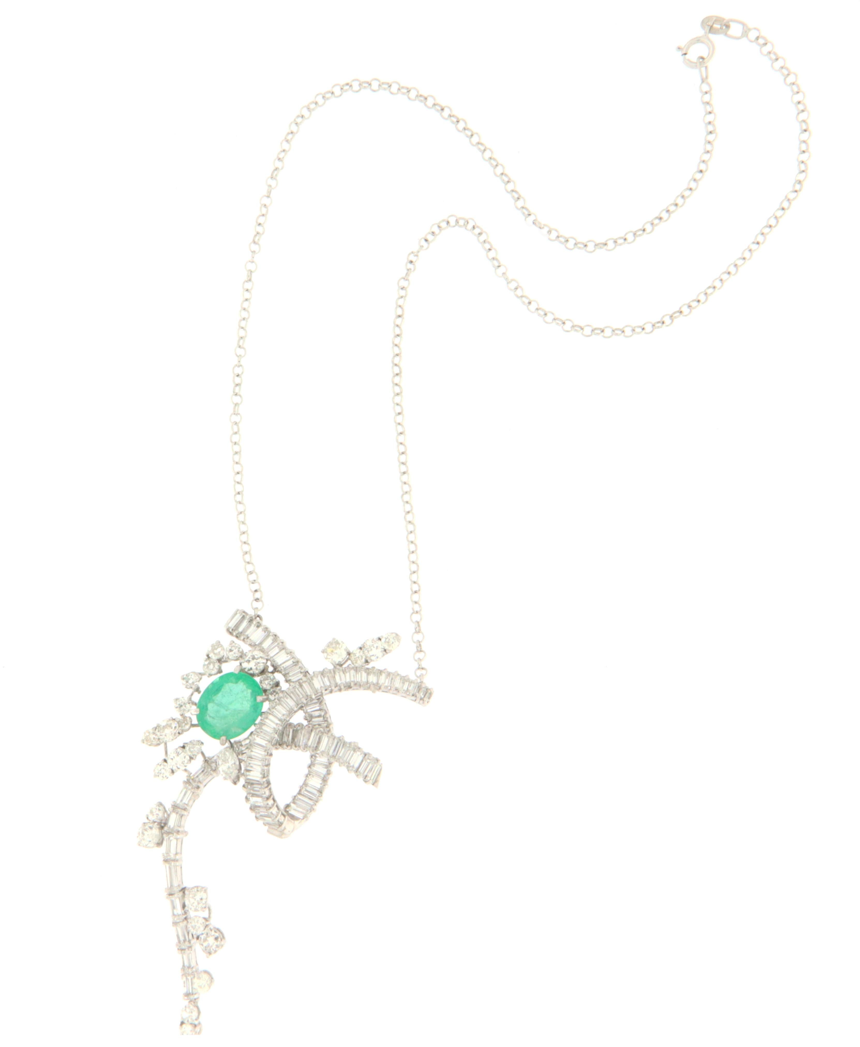 Brilliant Cut Emerald Diamonds 18 Karat White Gold Pendant Necklace For Sale