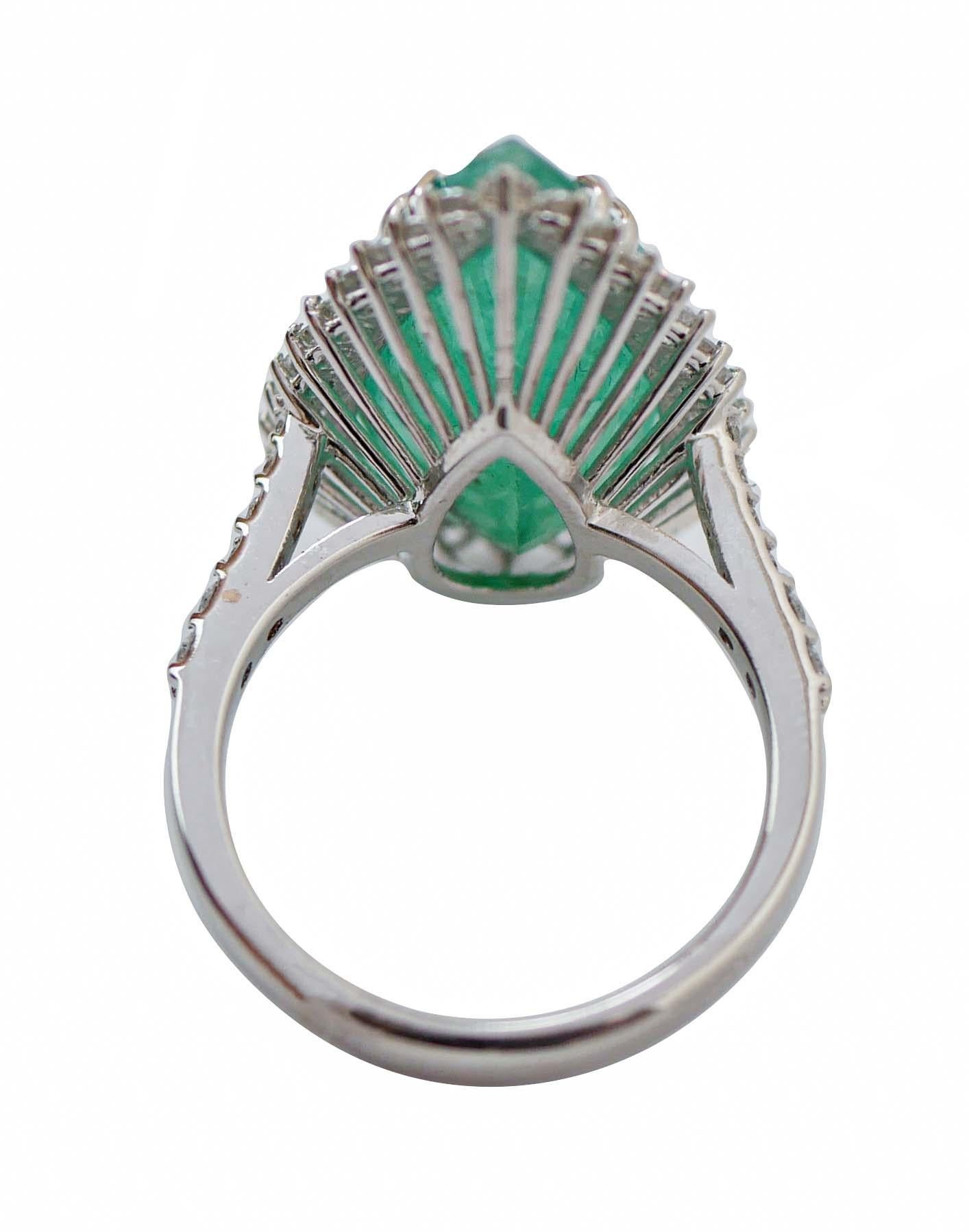 Retro Emerald, Diamonds, 18 Karat White Gold Ring. For Sale