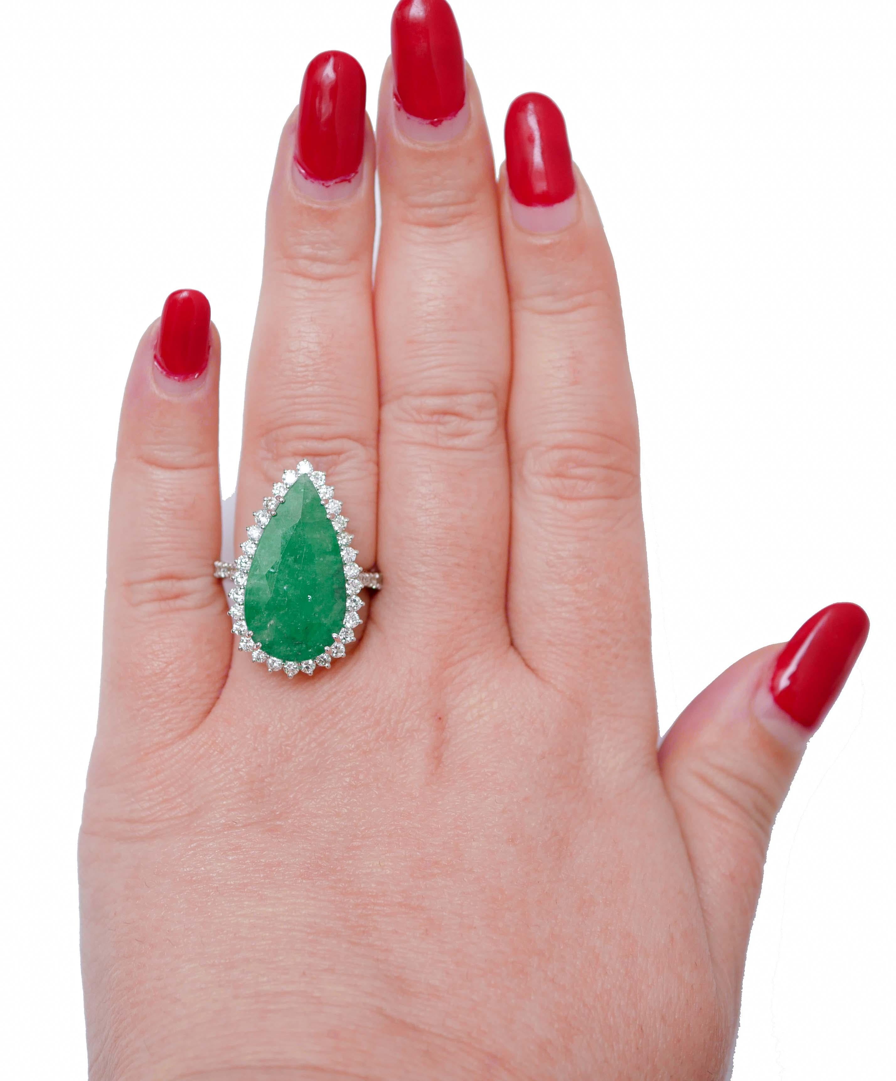 Mixed Cut Emerald, Diamonds, 18 Karat White Gold Ring. For Sale