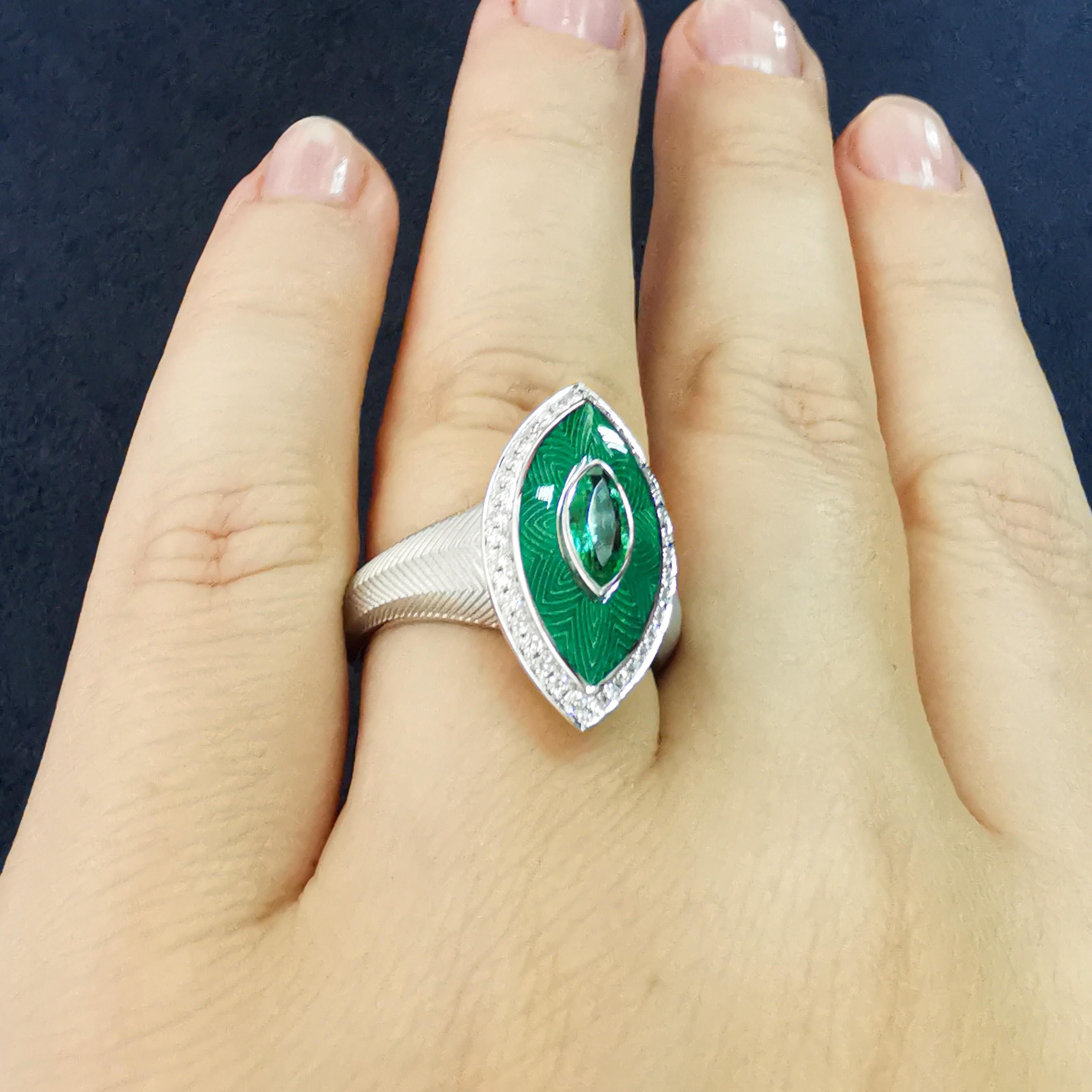 Emerald Diamonds 18 Karat White Gold Tweed Marquise Ring For Sale 5