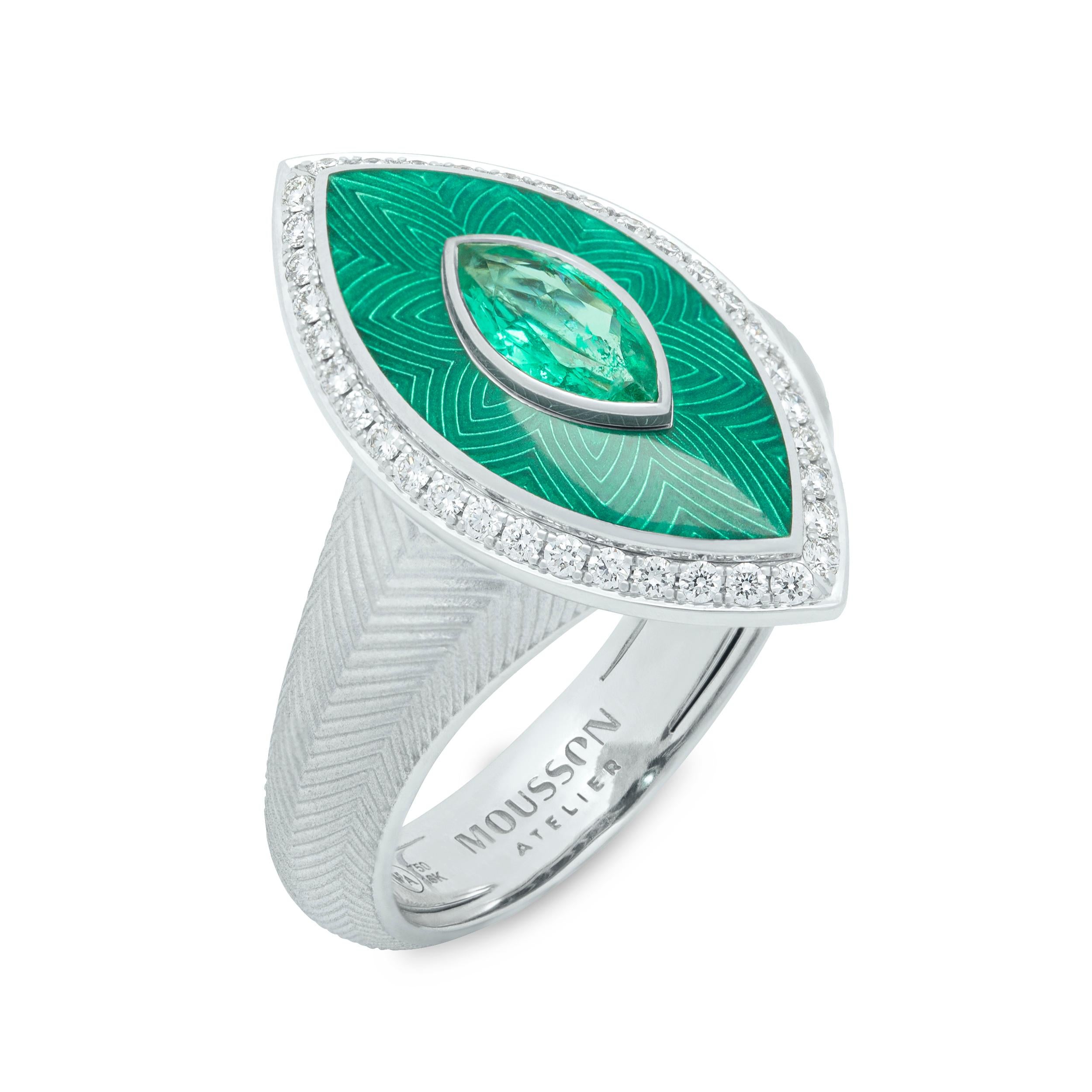 Emerald Diamonds 18 Karat White Gold Tweed Marquise Ring
What we presented to you is the Ring from our famous Tweed collection. But it was made in an unusual form of a marquise. Incredibly beautiful green shades of central stone Emerald weighing