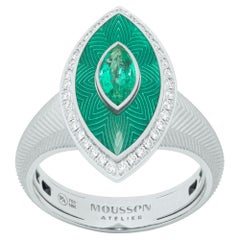 Tweed-Marquise-Ring mit Smaragd und Diamanten aus 18 Karat Weißgold