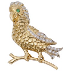 Emerald, Diamonds, 18 Karat Yellow and White Gold Bird Shape Brooch