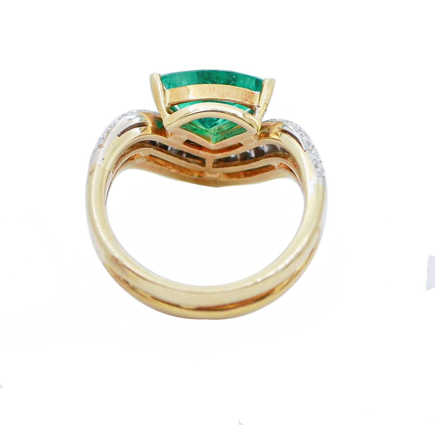 Retro Emerald, Diamonds, 18 Karat Yellow and White Gold Ring