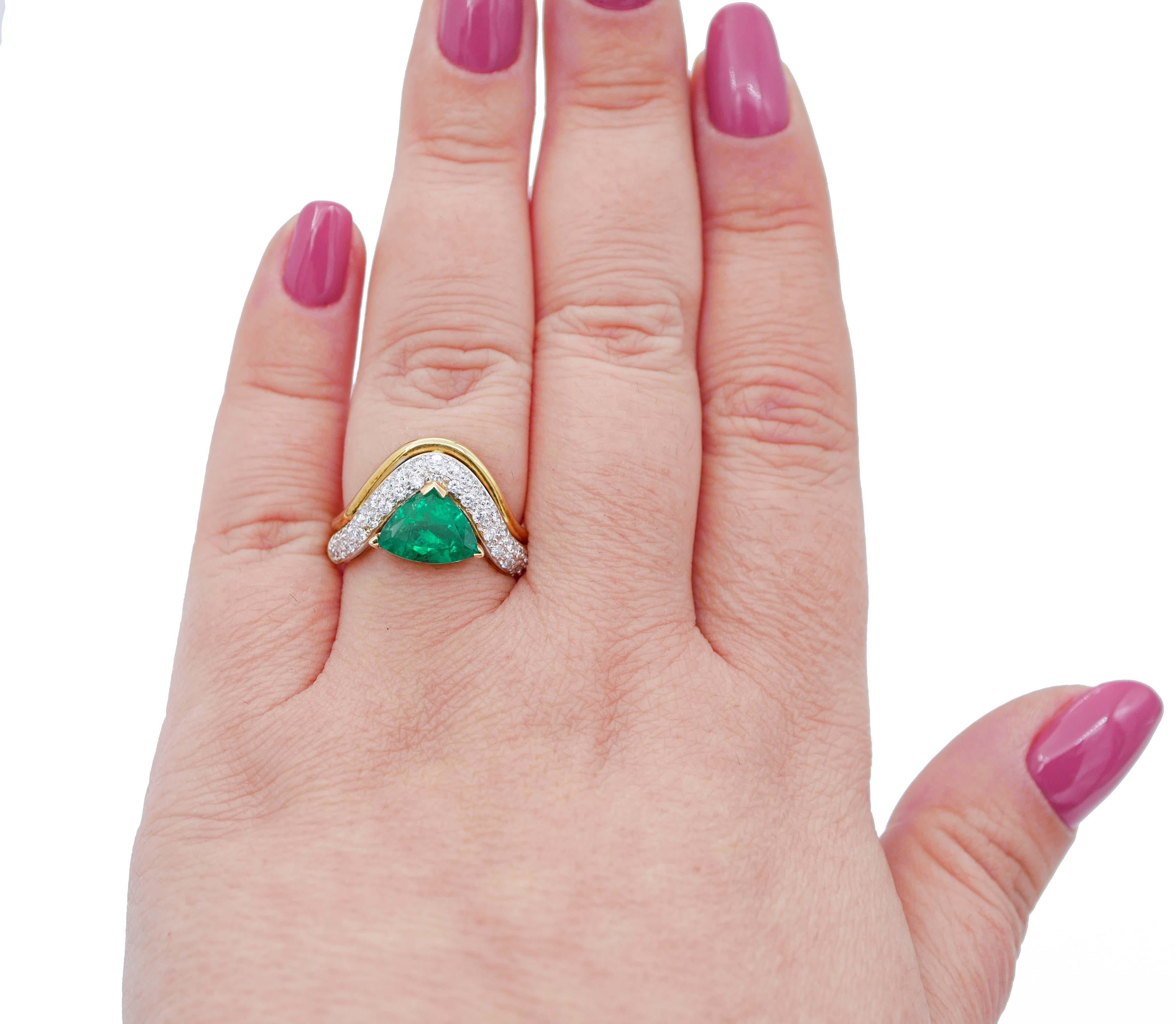 Mixed Cut Emerald, Diamonds, 18 Karat Yellow and White Gold Ring