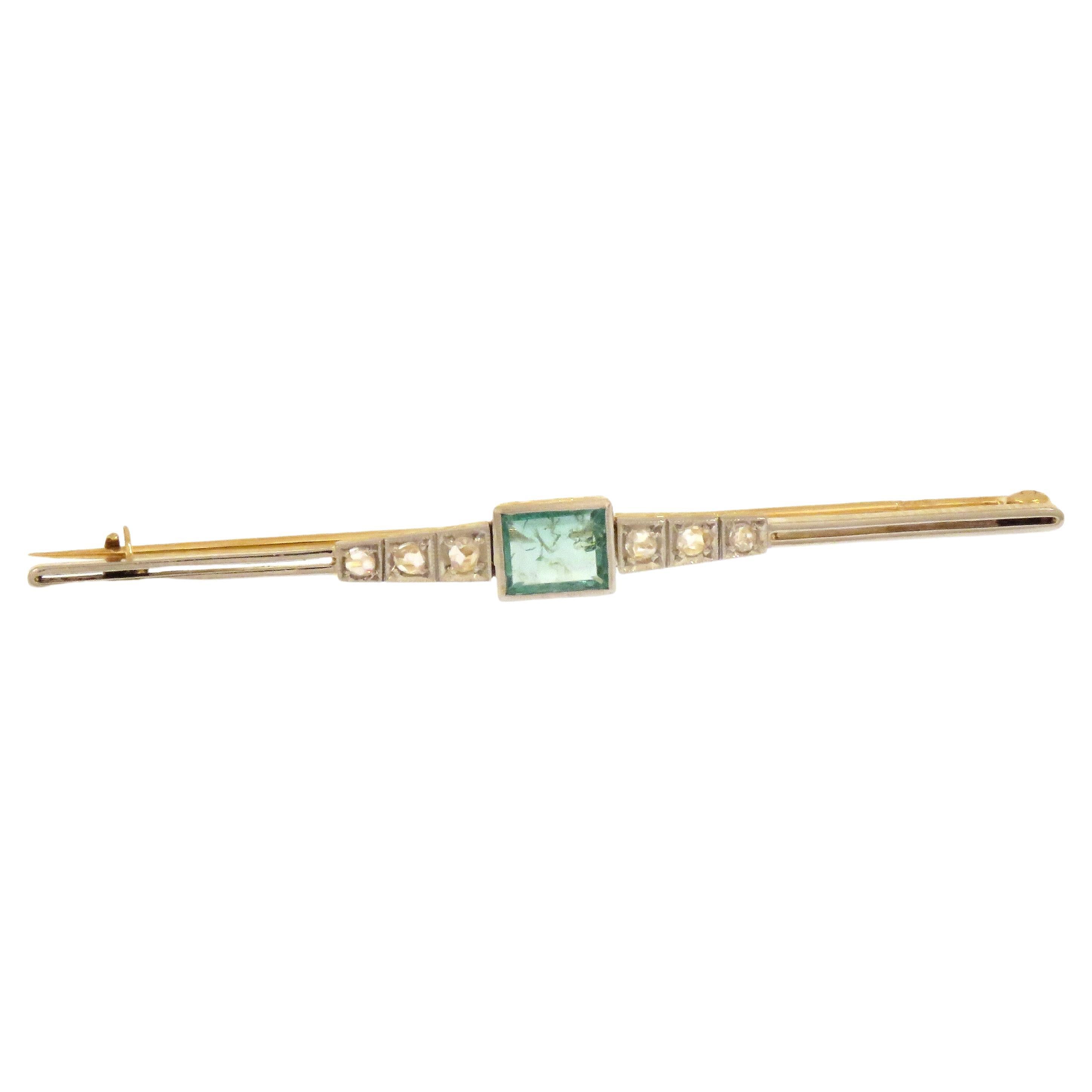Smaragd Diamanten 18 Karat Gelb & Weißgold Vintage Brosche Handcrafted im Angebot