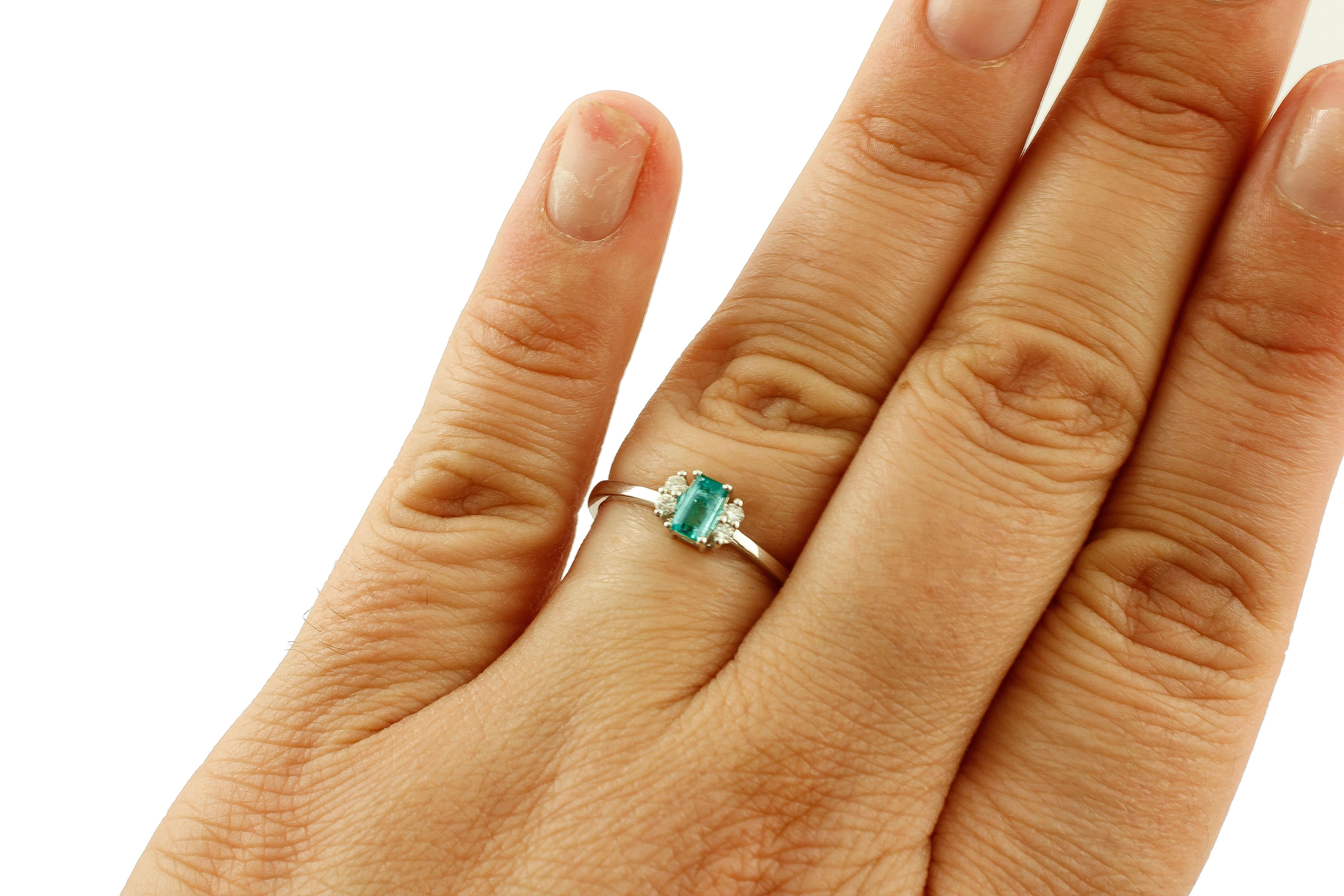 Brilliant Cut Emerald, Diamonds, 18 Karat White Gold, Solitary Ring