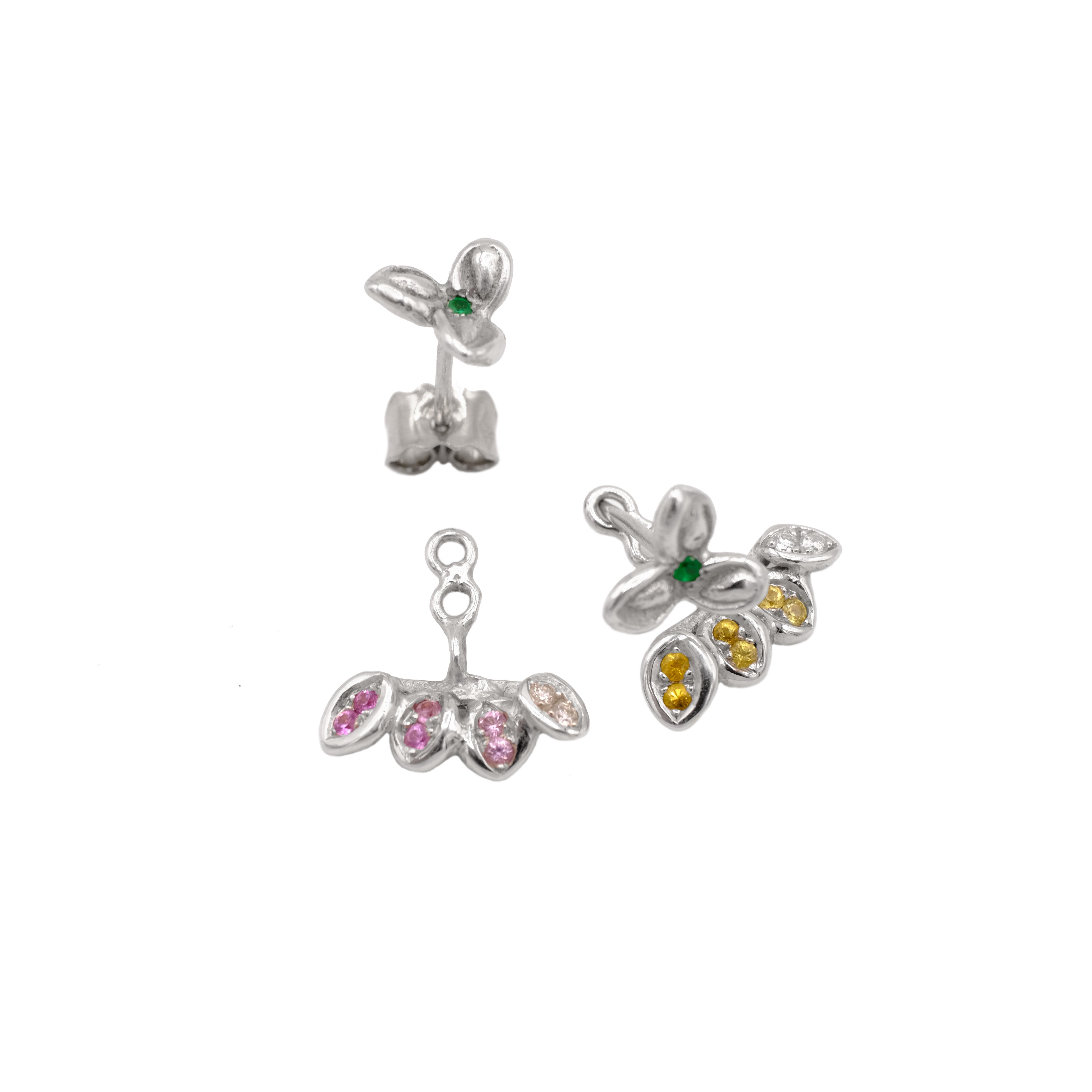 Women's 18 Karat White Gold Emerald White Diamond and Pink Sapphire Flower Stud Earrings For Sale