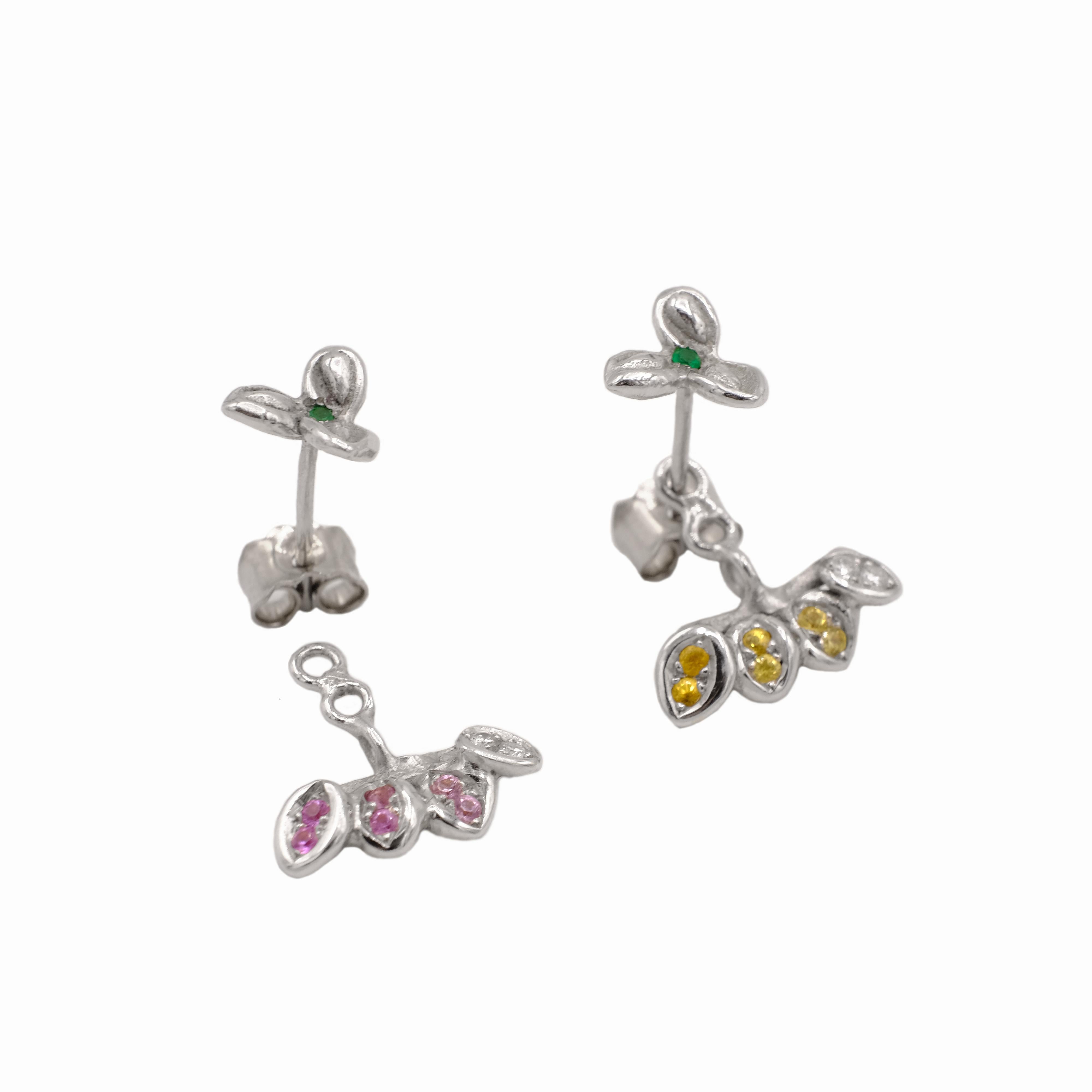 18 Karat White Gold Emerald White Diamond and Pink Sapphire Flower Stud Earrings For Sale 1