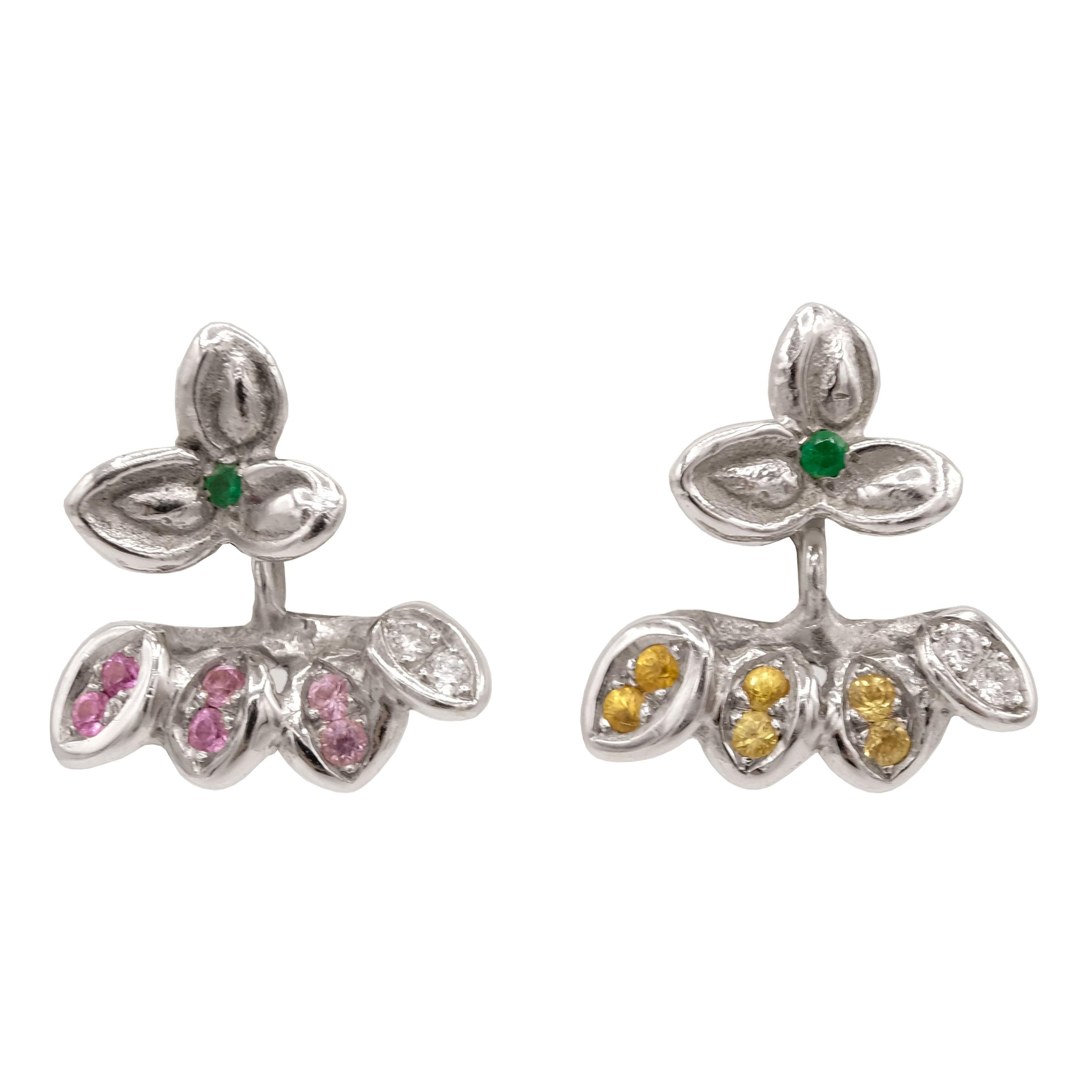 18 Karat White Gold Emerald White Diamond and Pink Sapphire Flower Stud Earrings For Sale